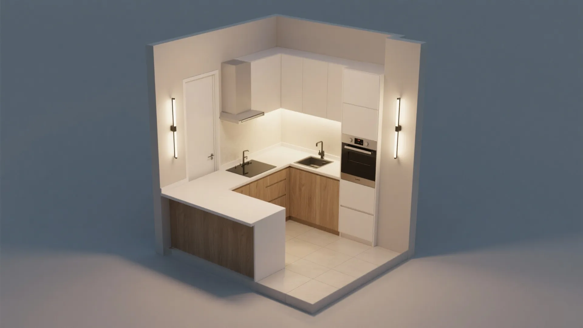 3) Vertical lights as zone markers for an L-shaped plan