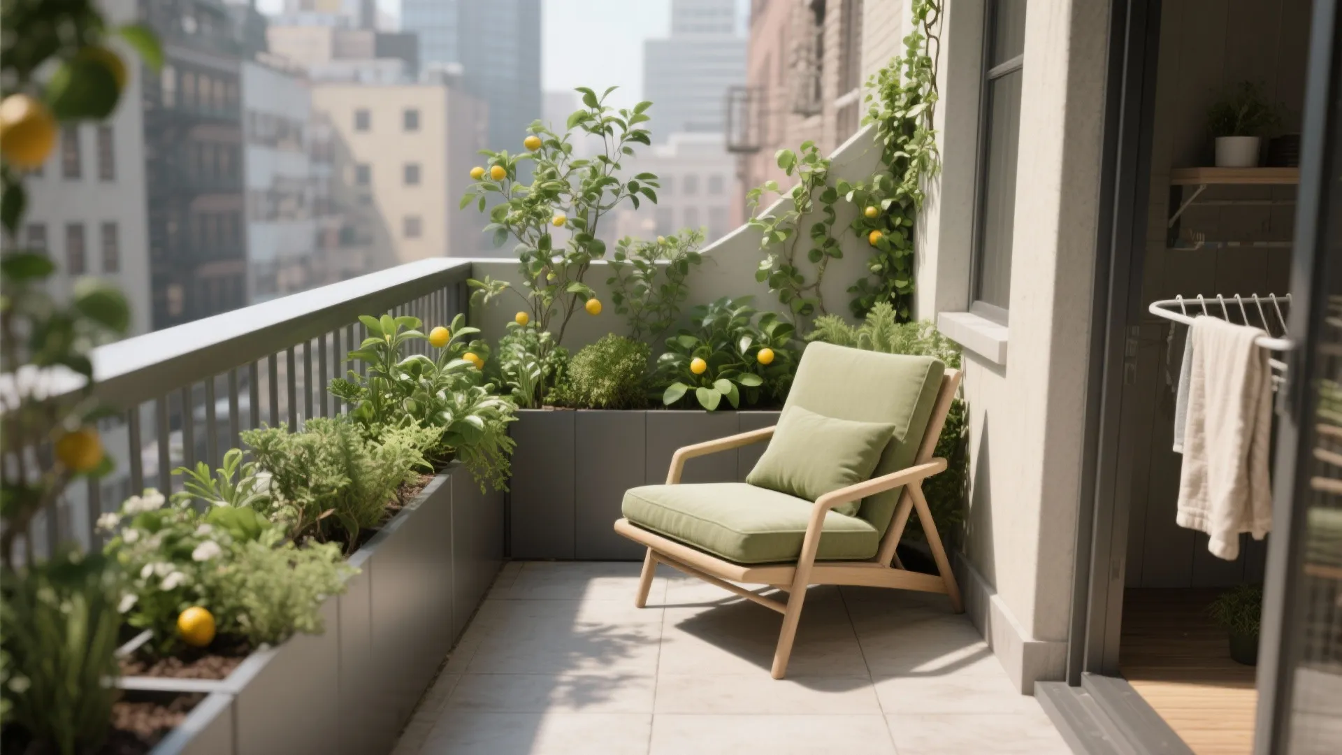 Modern apartment balcony with built-in planters, green armchair, lemon trees, and city view background landscape
