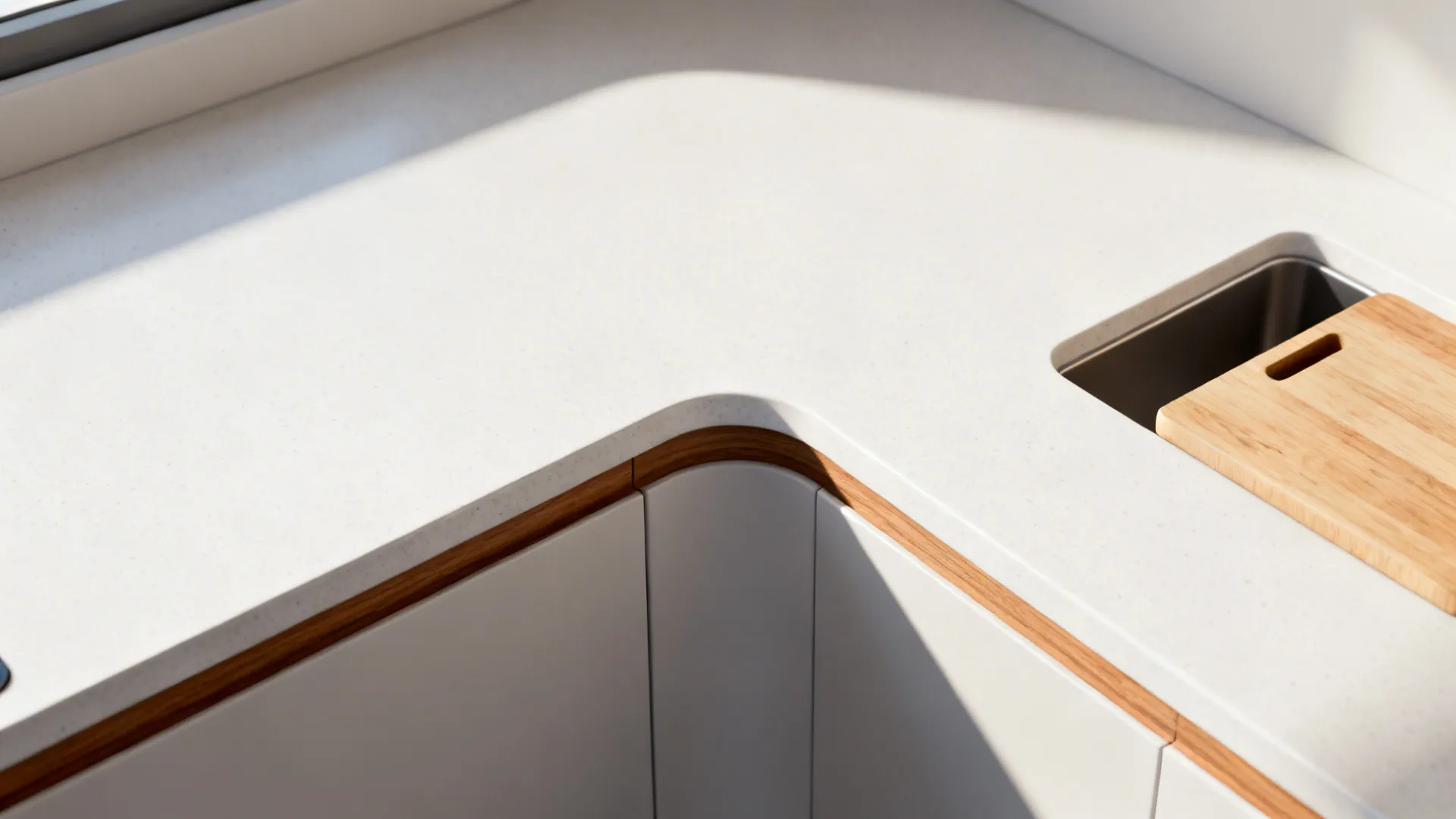 Macro of L-shaped counter corner with aligned surfaces and a cutting-board station.
