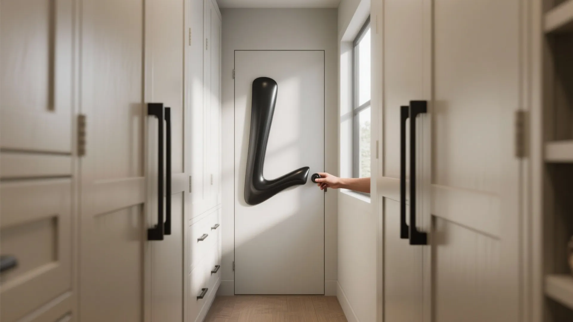Pantry door with matte black L-pulls creating sculptural shadow lines