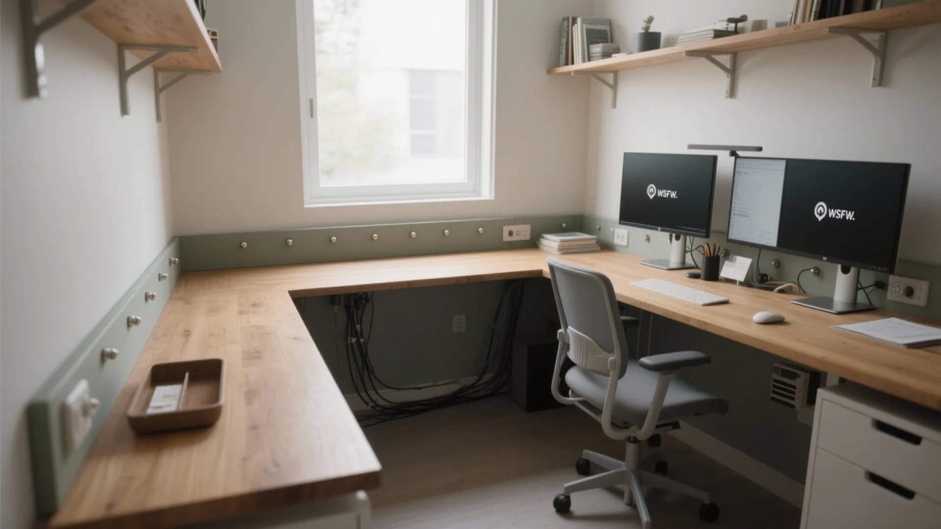 L-shaped wooden desk in a home office featuring dual monitors grey chair and wall shelves