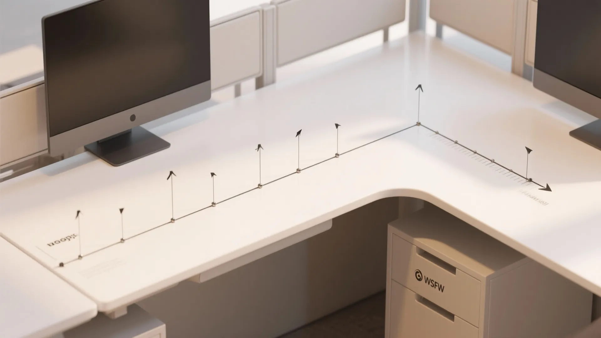 White corner office desk with computer monitors and black measurement arrows showing layout on surface
