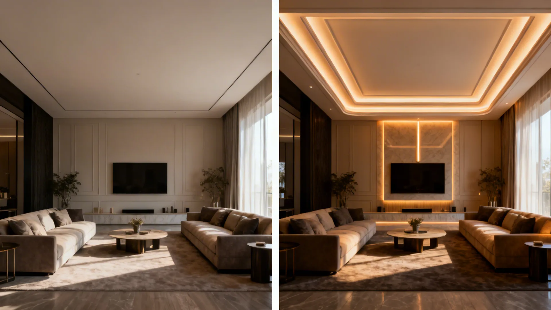 Before flat ceiling versus after with tiered and cove lighting in an L-shaped living room.