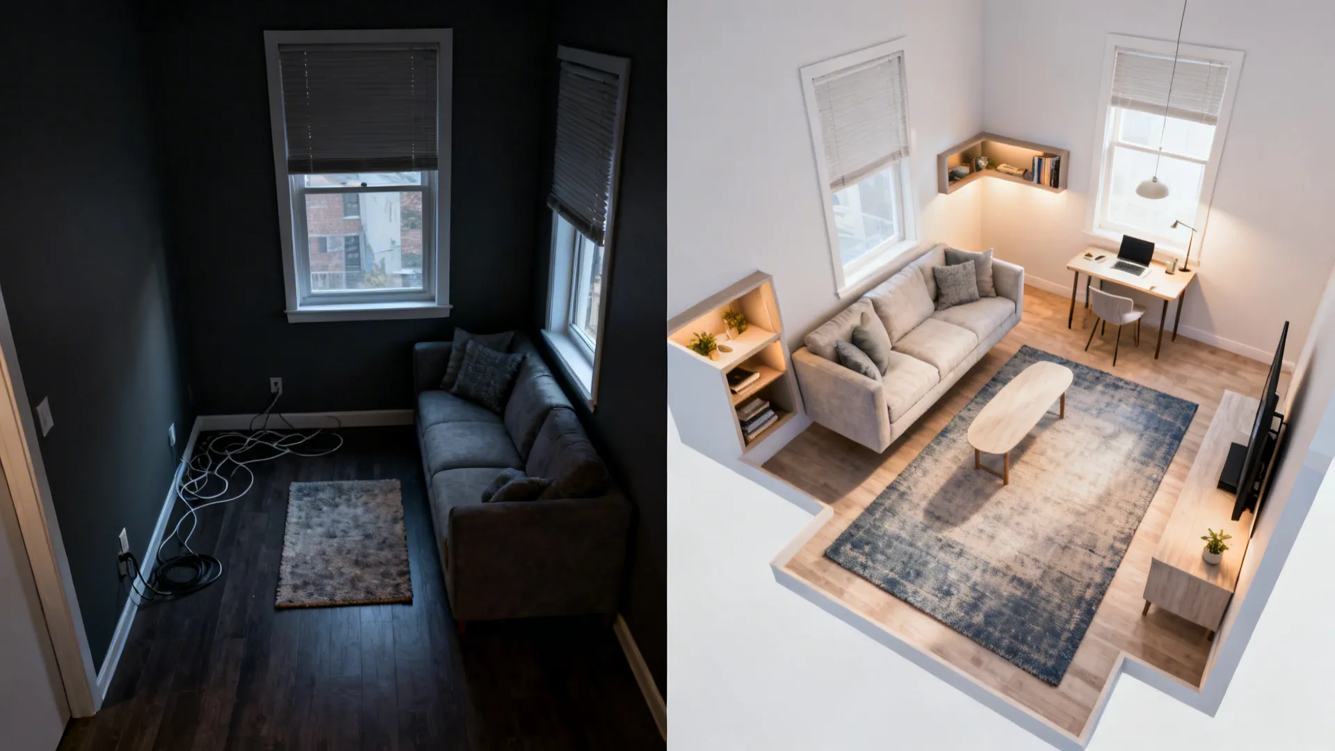 Before-and-after of a small L-shaped living room transforming from cramped to bright and functional.