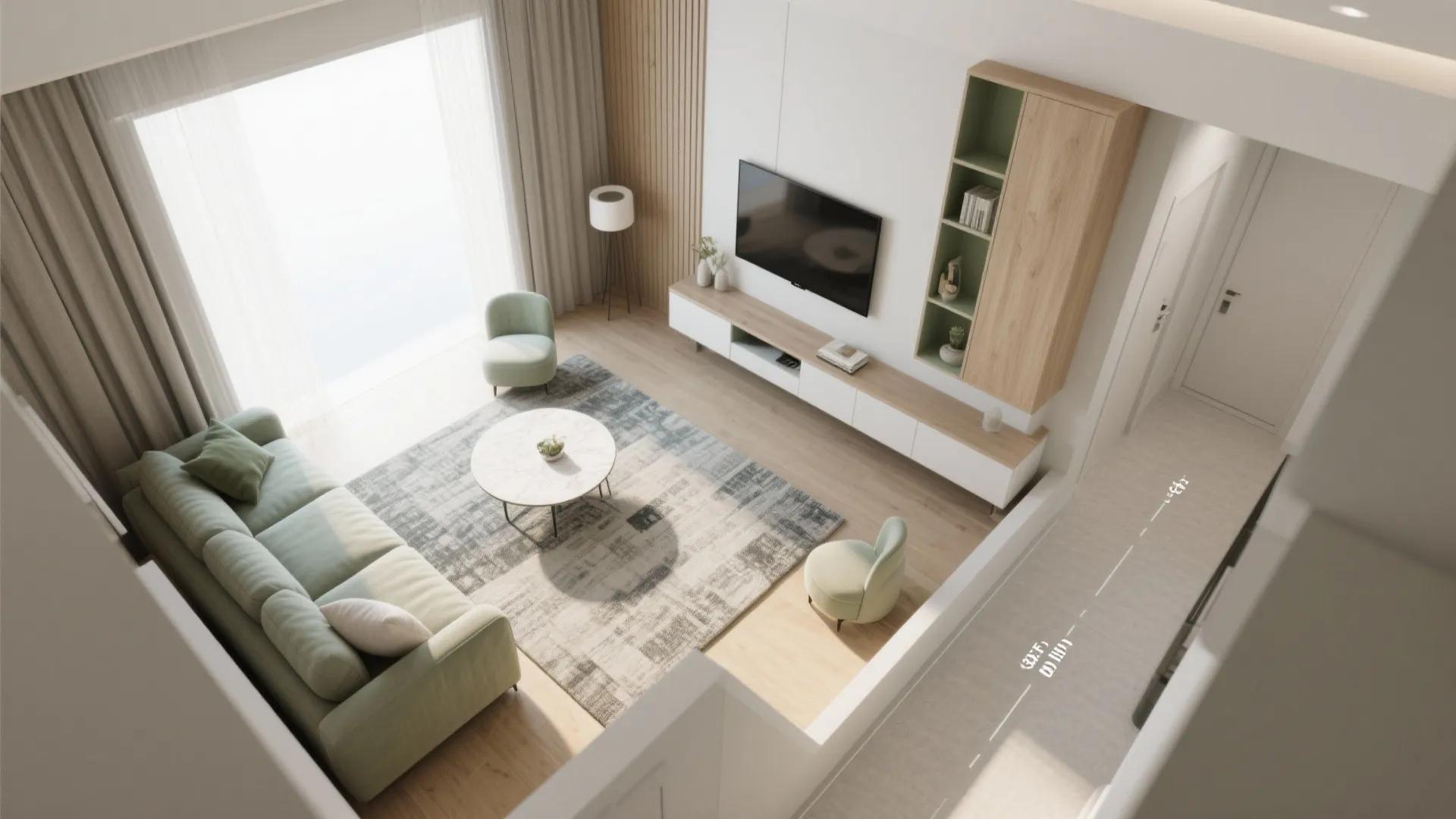 High angle interior design drawing showing a green sofa, patterned rug, and wall mounted television