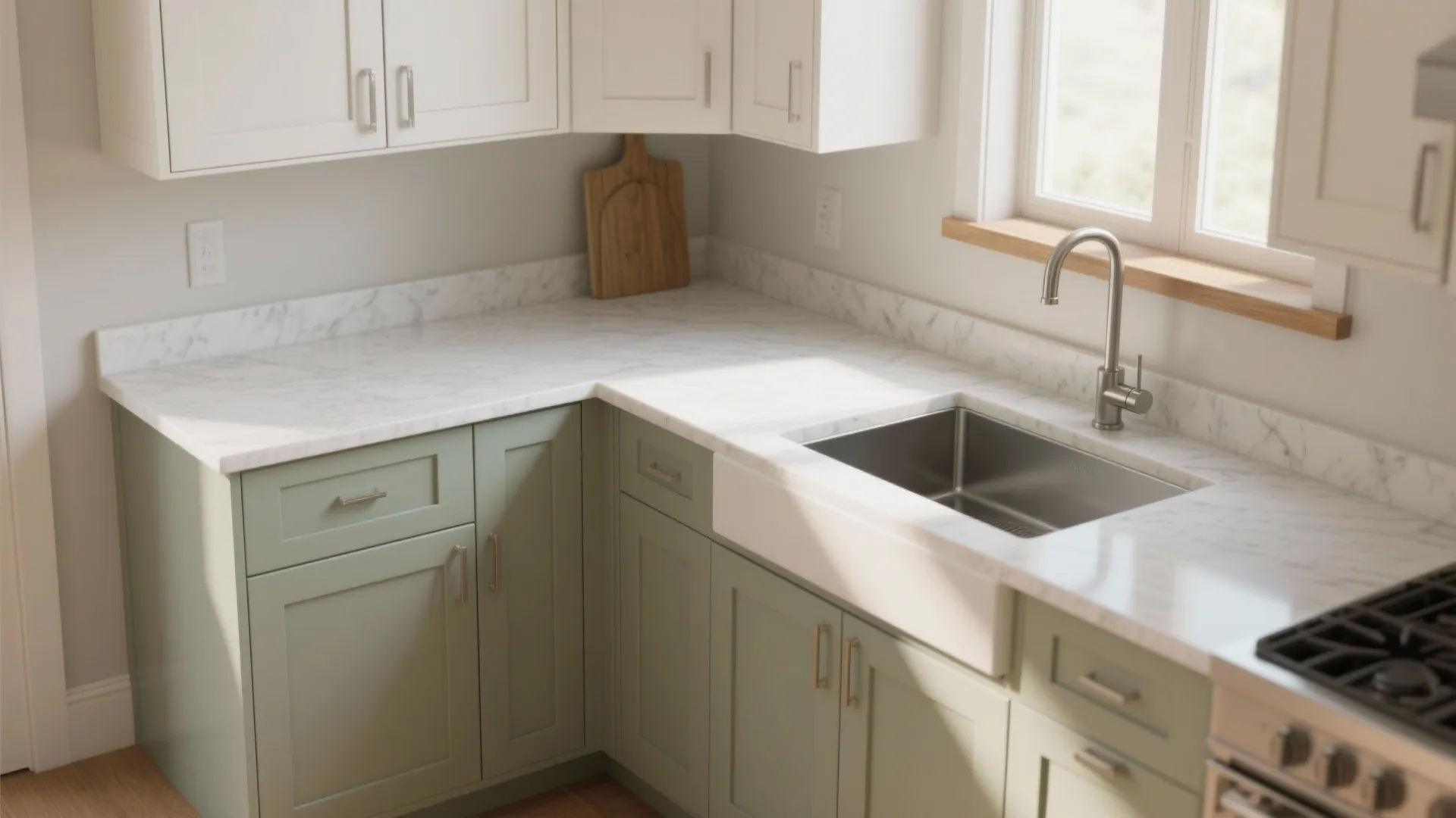 Modern kitchen with green cabinets marble countertop white wall lights stainless sink and wooden window frame