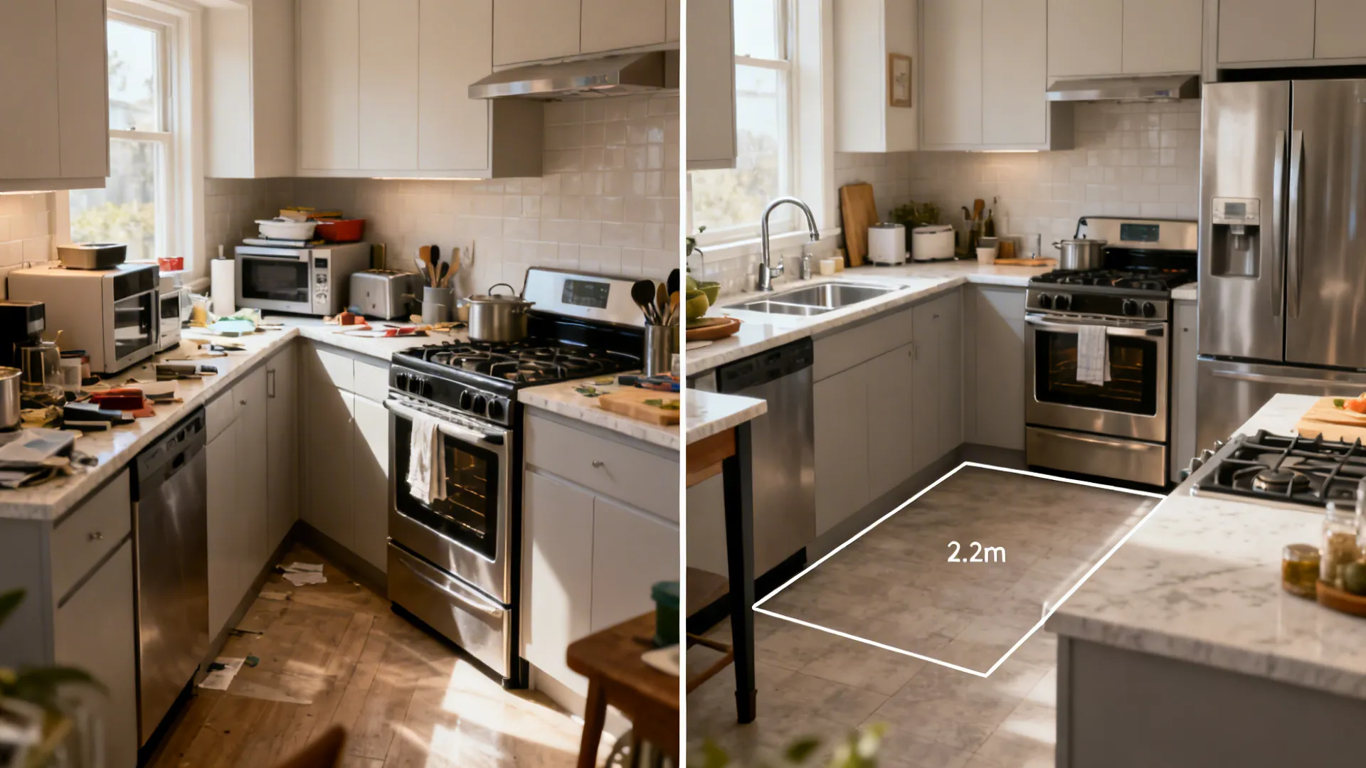 Before-and-after of an L-shaped kitchen showing the oven moved to the corner leg to free prep space.