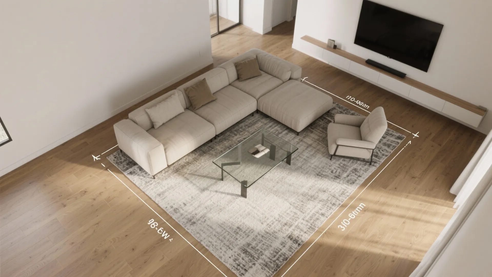 Modern living room layout showing a large sofa and glass coffee table with measurement lines