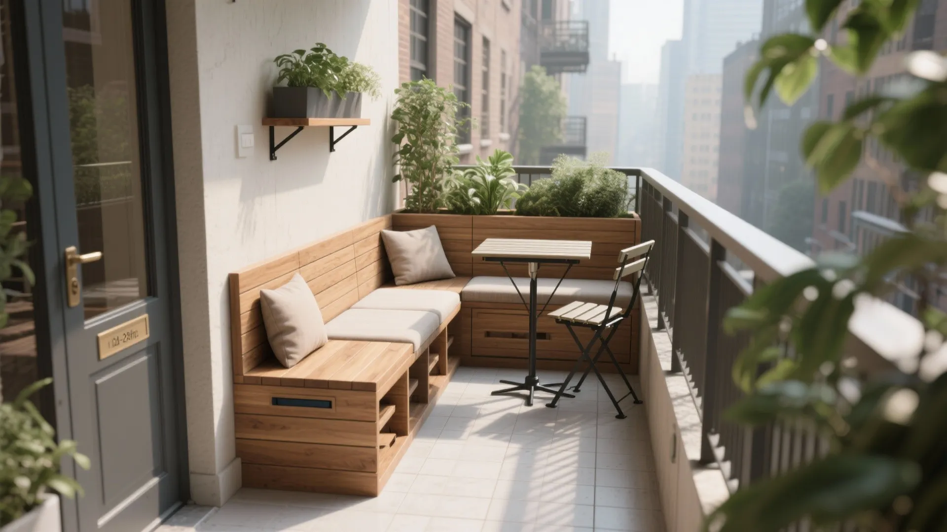 Small apartment balcony featuring wood corner sofa small table folding chair plants and urban city view