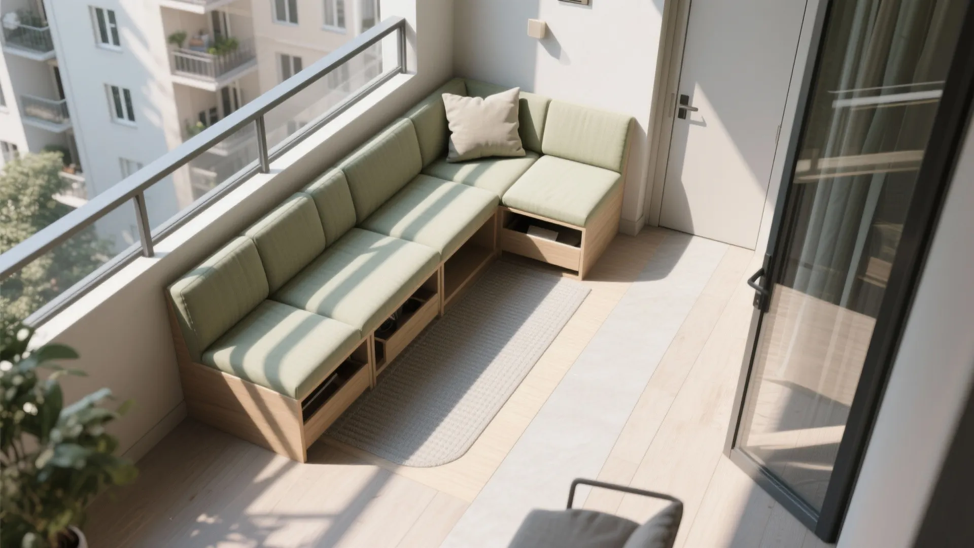 L-shaped balcony seating to free floor space