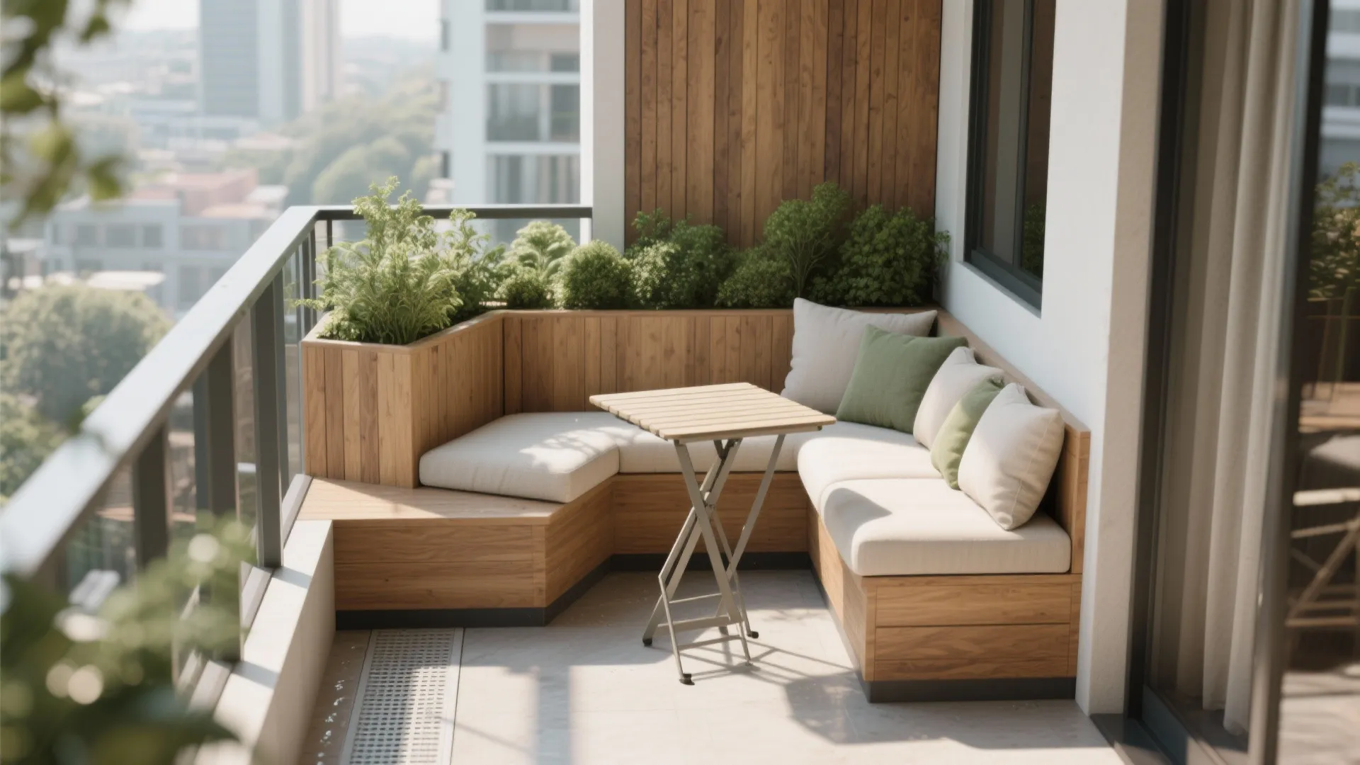 L-shaped built-in seating with a planter bench