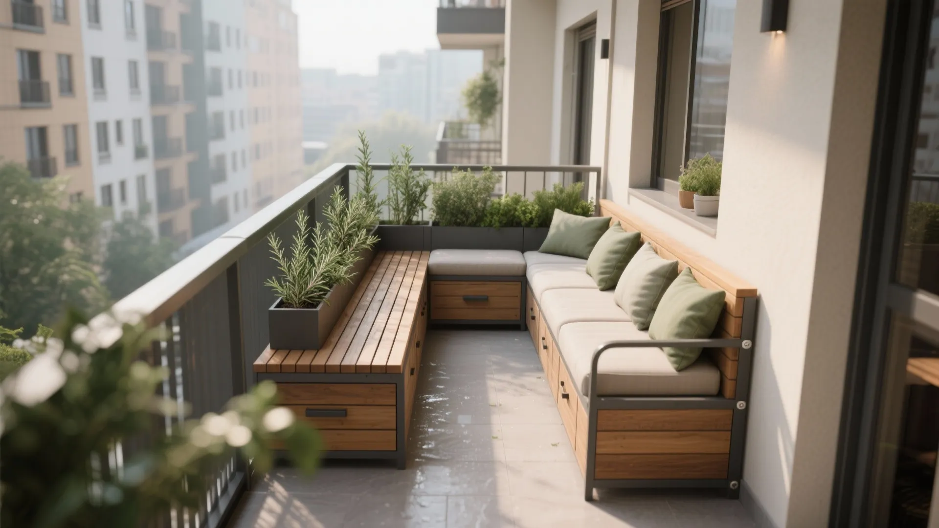 L-shaped seating with built-in planters