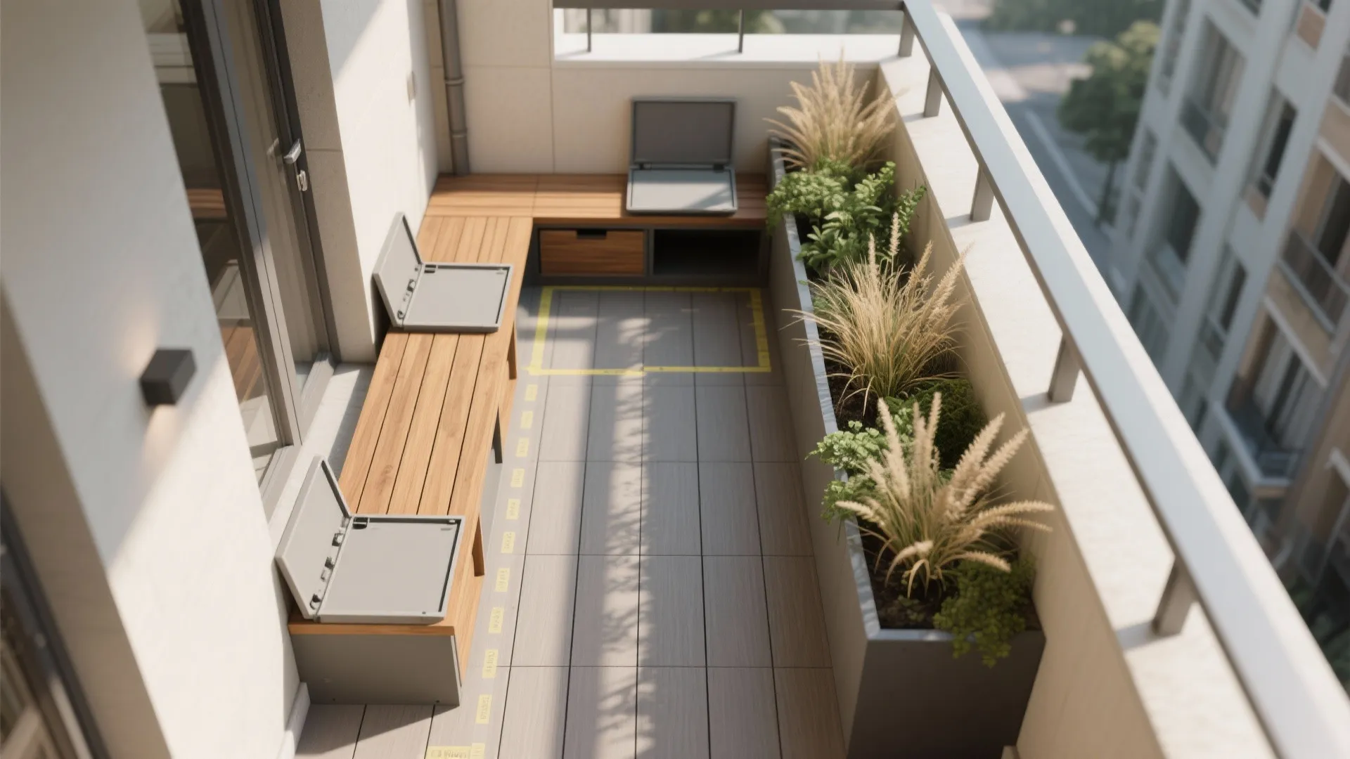 L-Shaped Seating + Planter Edge: Zoning Without Clutter