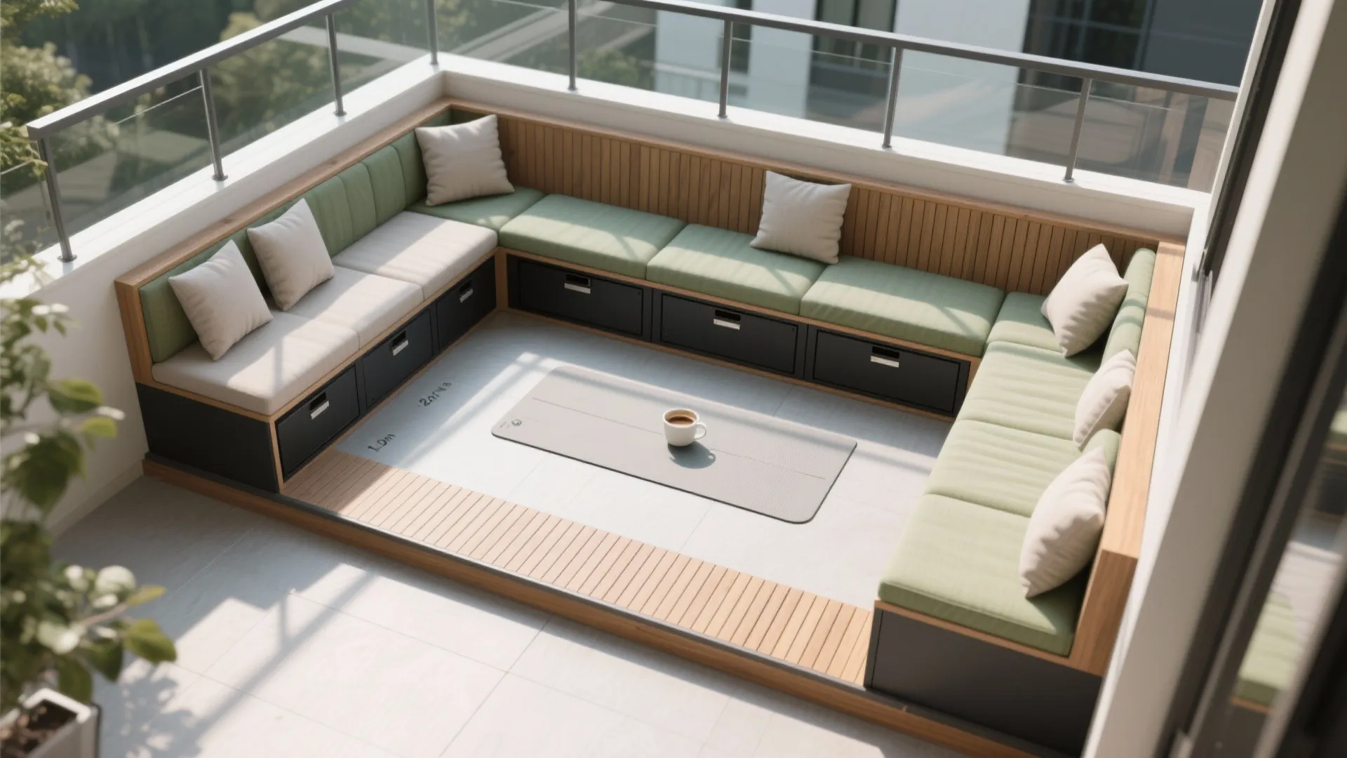 L‑shaped seating to maximize floor area