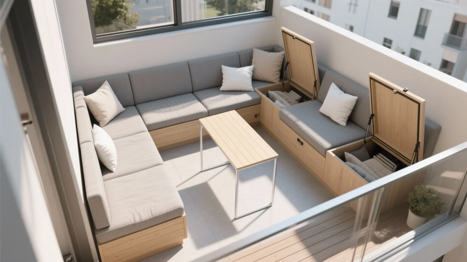 Small balcony with grey corner sofa featuring wooden storage space, white pillows, and small table