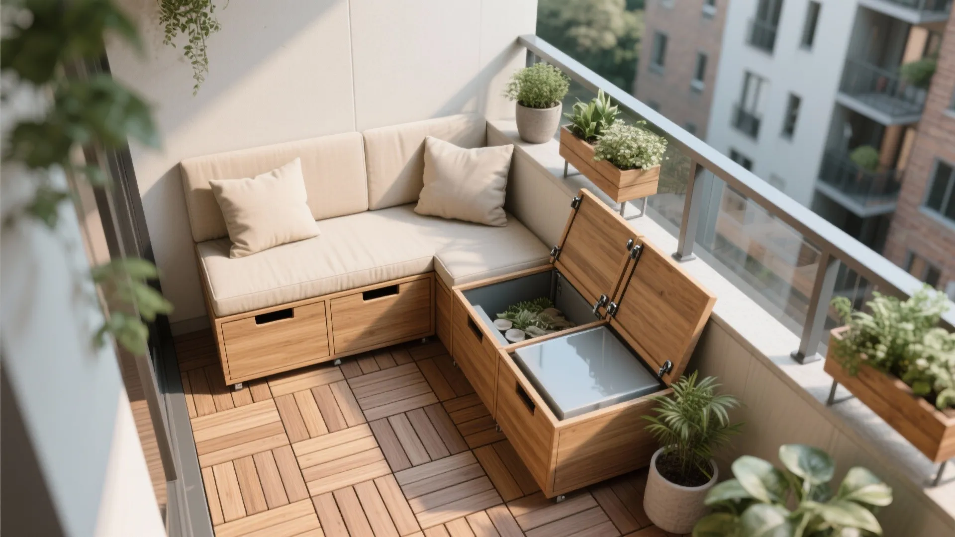 L-shaped balcony seating with storage