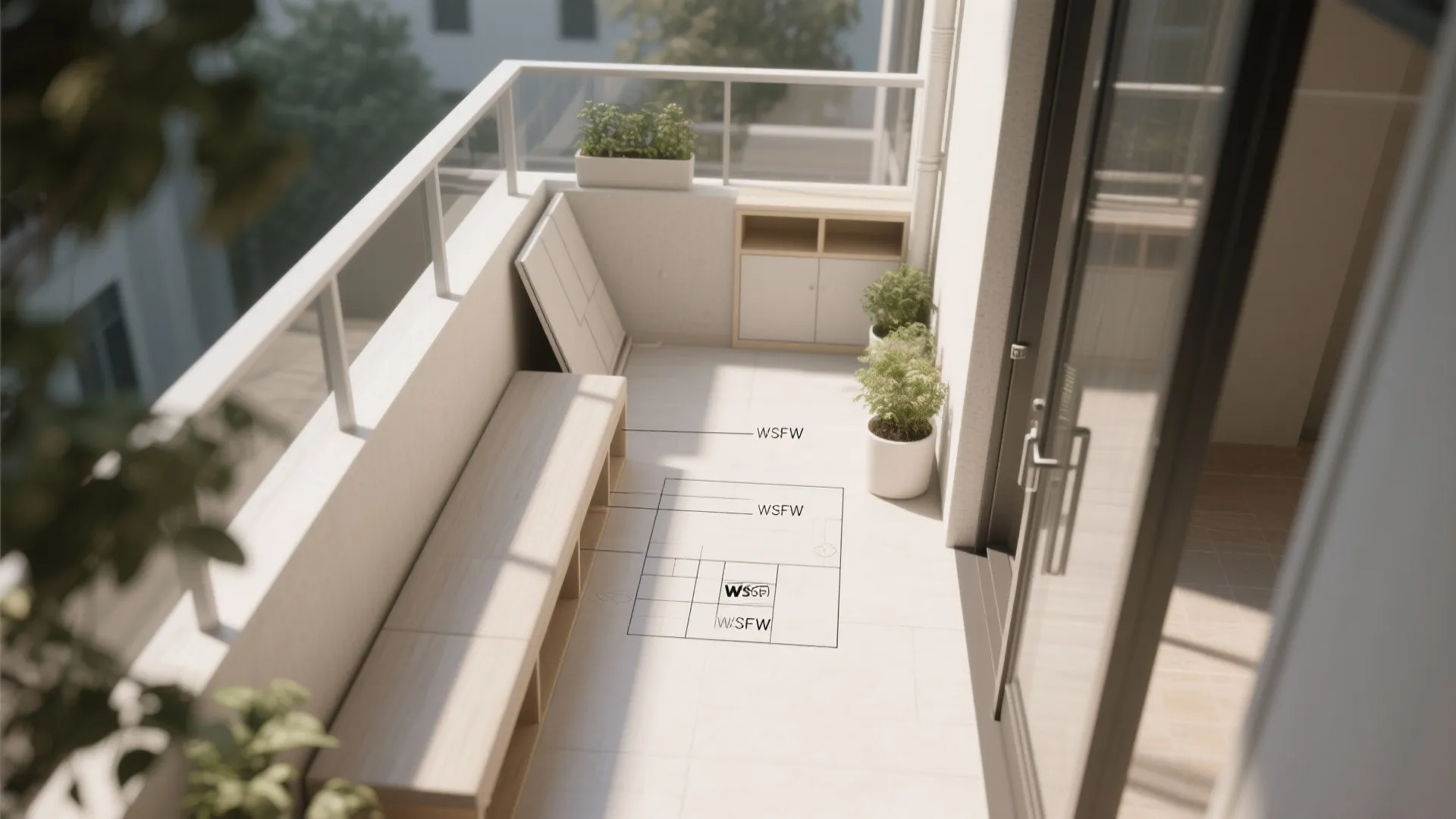 Interior design drawing showing a balcony layout with wooden bench cabinet and technical floor labels
