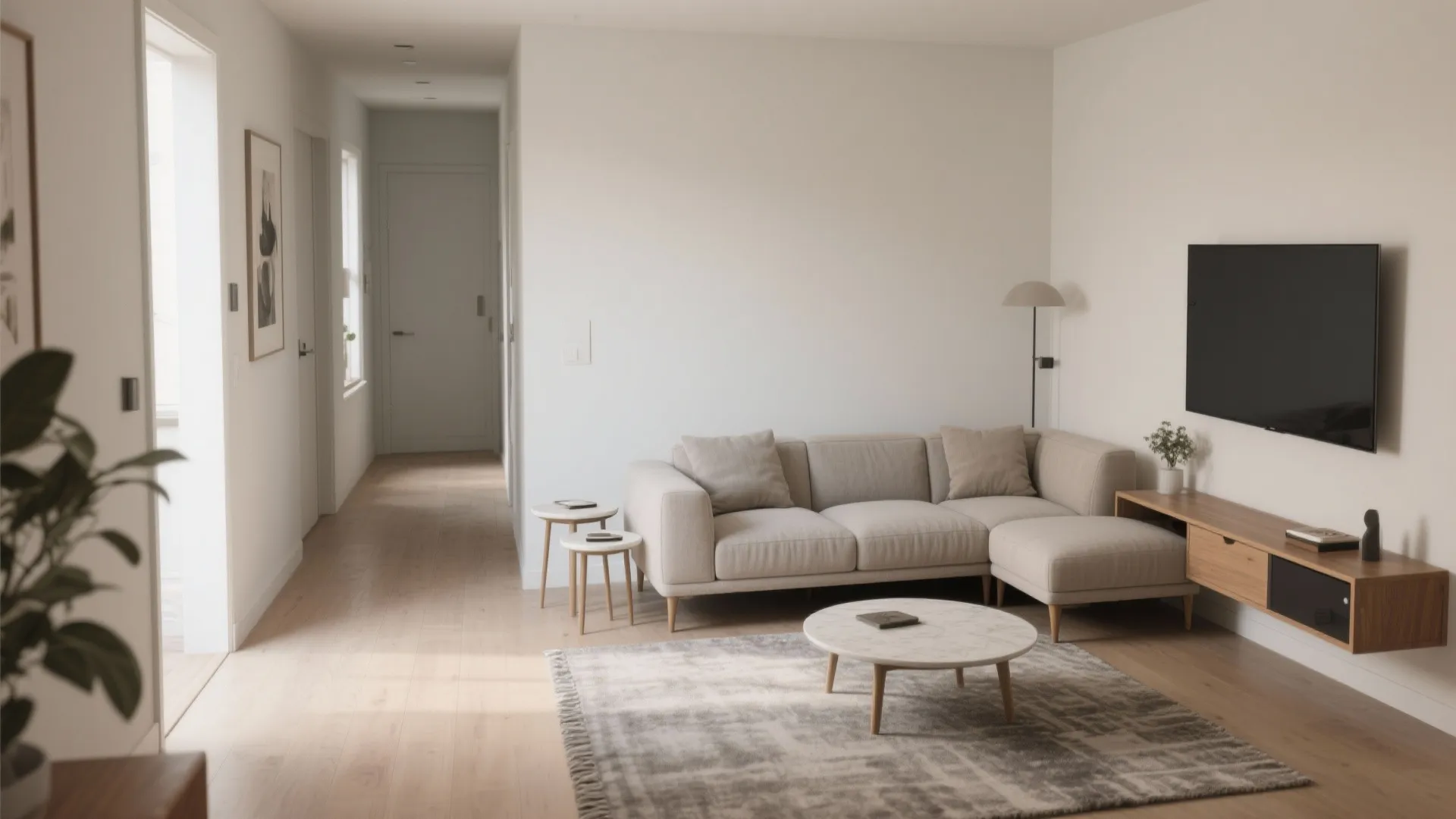 Compact L-shaped sofa with raised legs and clear hall circulation using nesting tables.