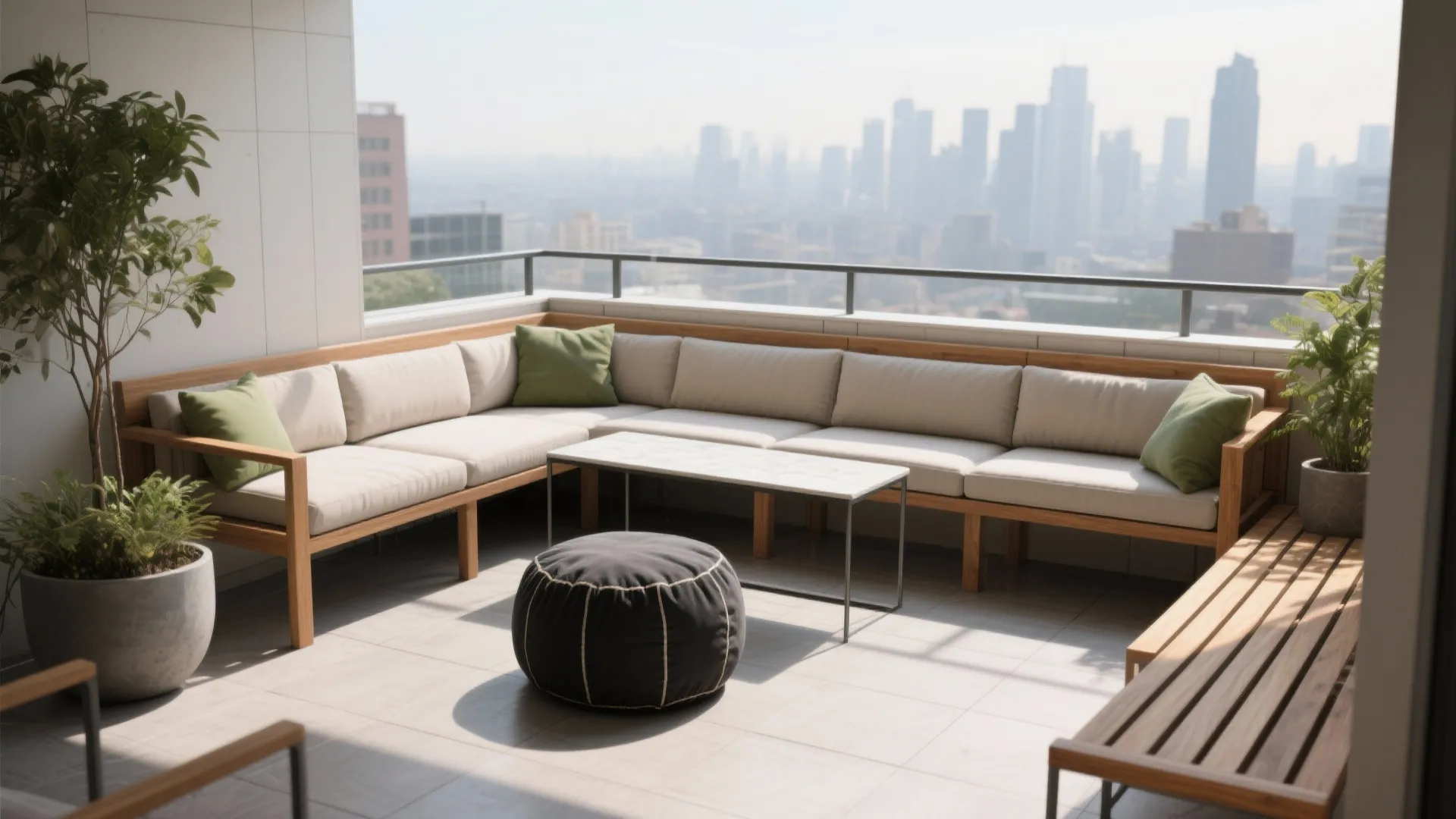 Compact balcony with L-shaped built-in seating, continuous cushions, a rail-height table, and open floor space in the center.