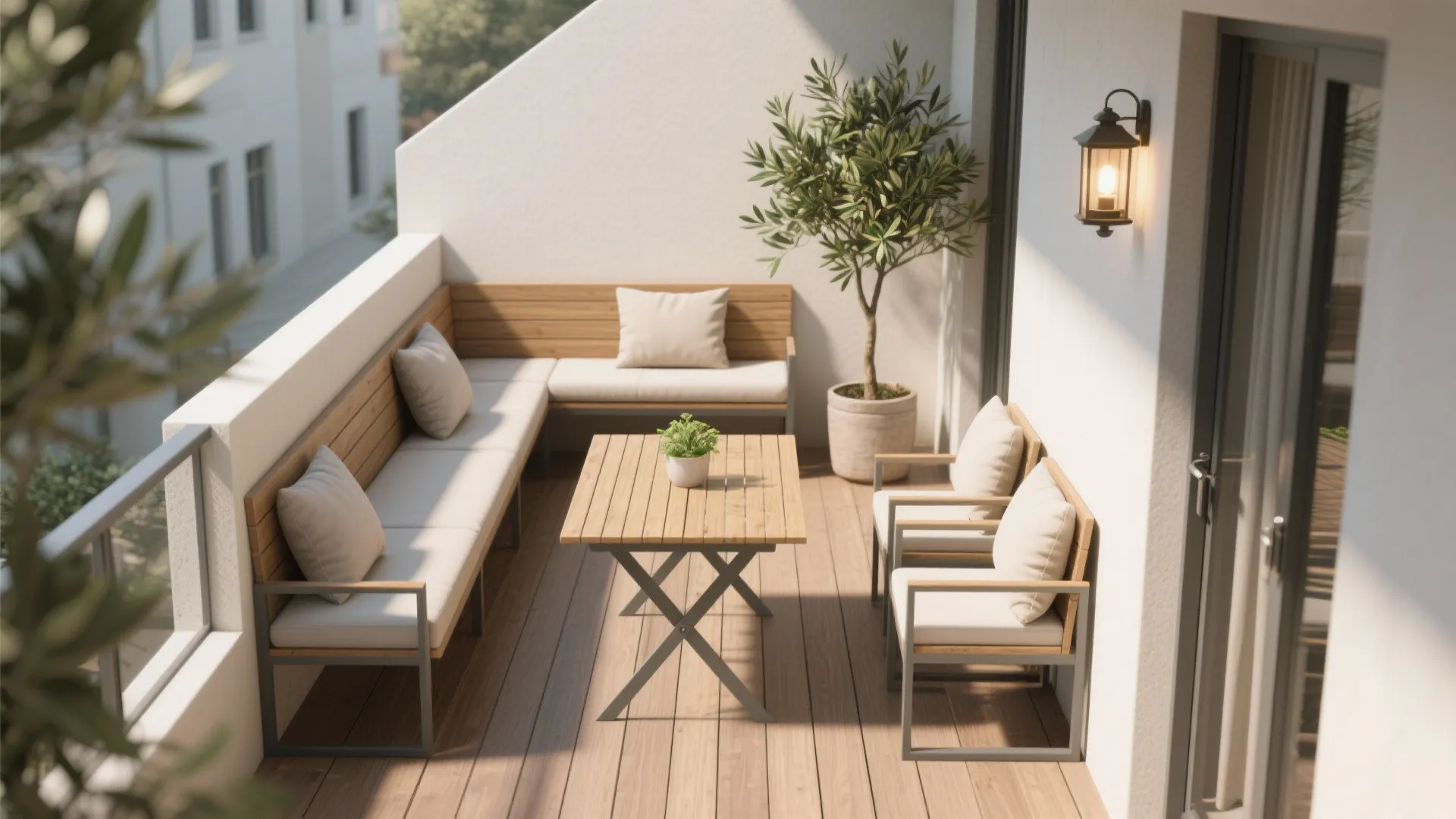 L-shaped seating + fold-down dining