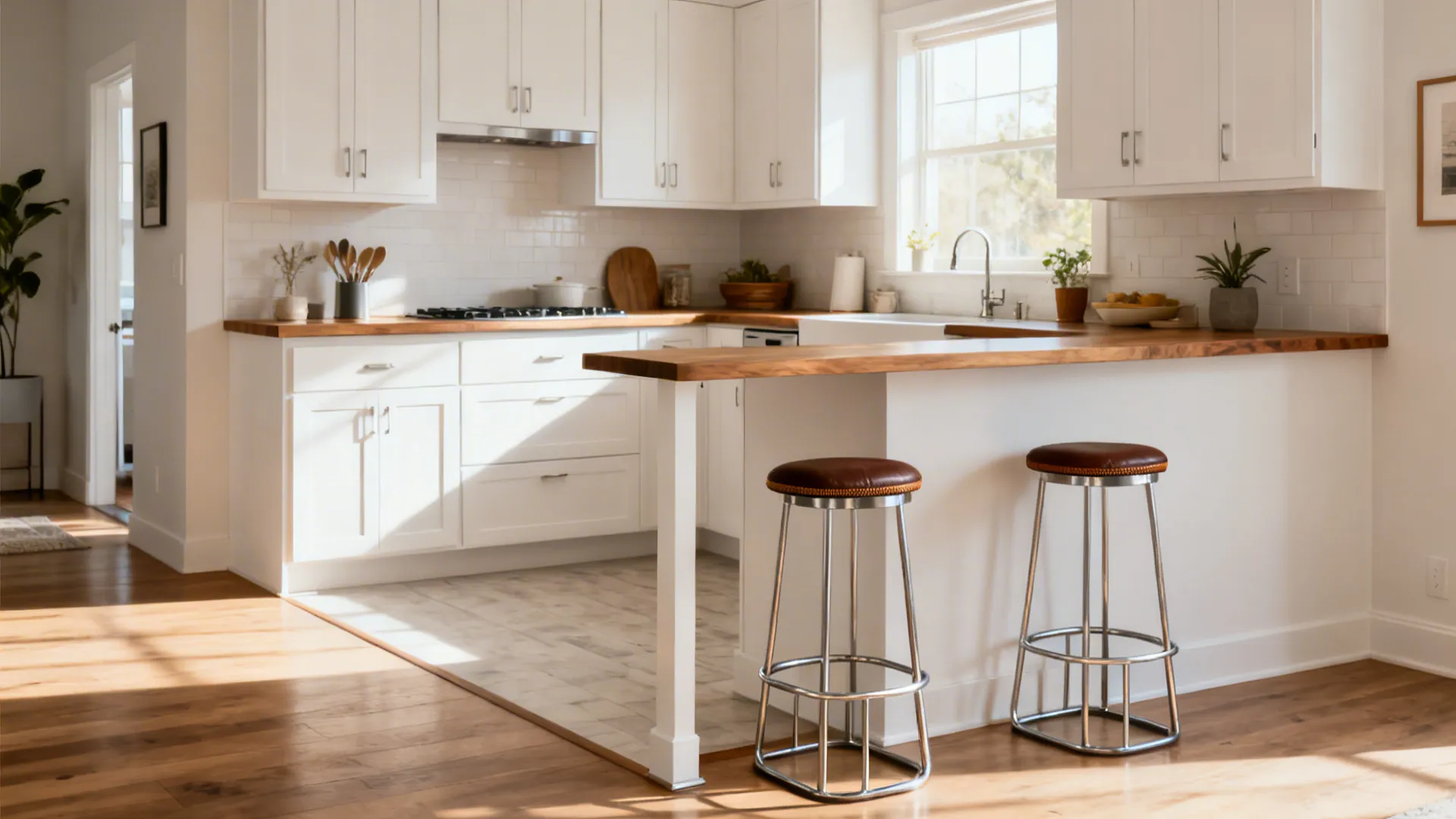 White kitchen with wooden countertops, breakfast bar, two metal stools, and warm wood flooring throughout