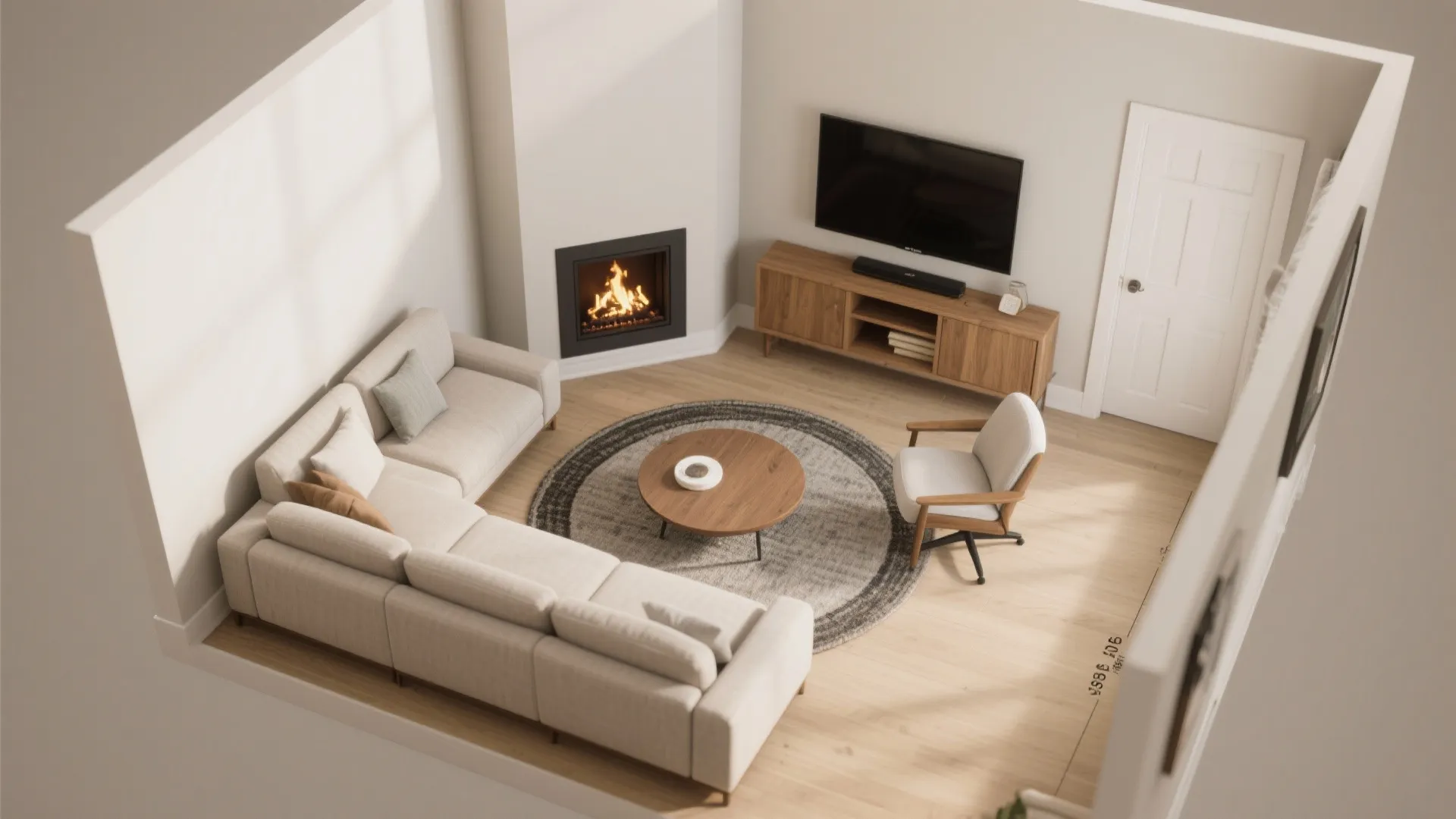 Modern living room with sectional sofa wooden coffee table round rug fireplace and wall mounted television