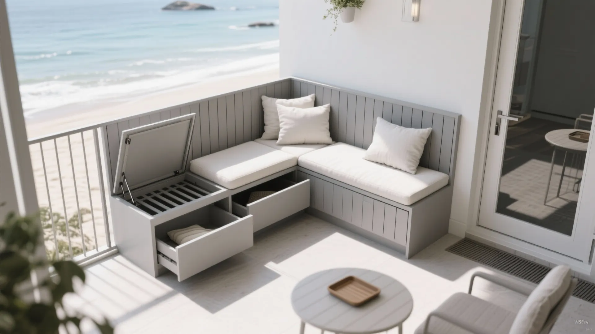 Modern balcony with grey sofa featuring storage drawers, white cushions, small table, and sea view