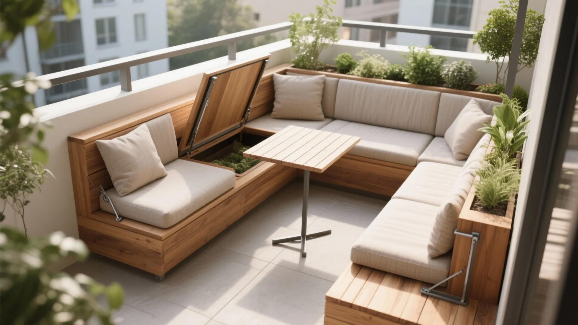 L-shaped small balcony seating and multi-use layout