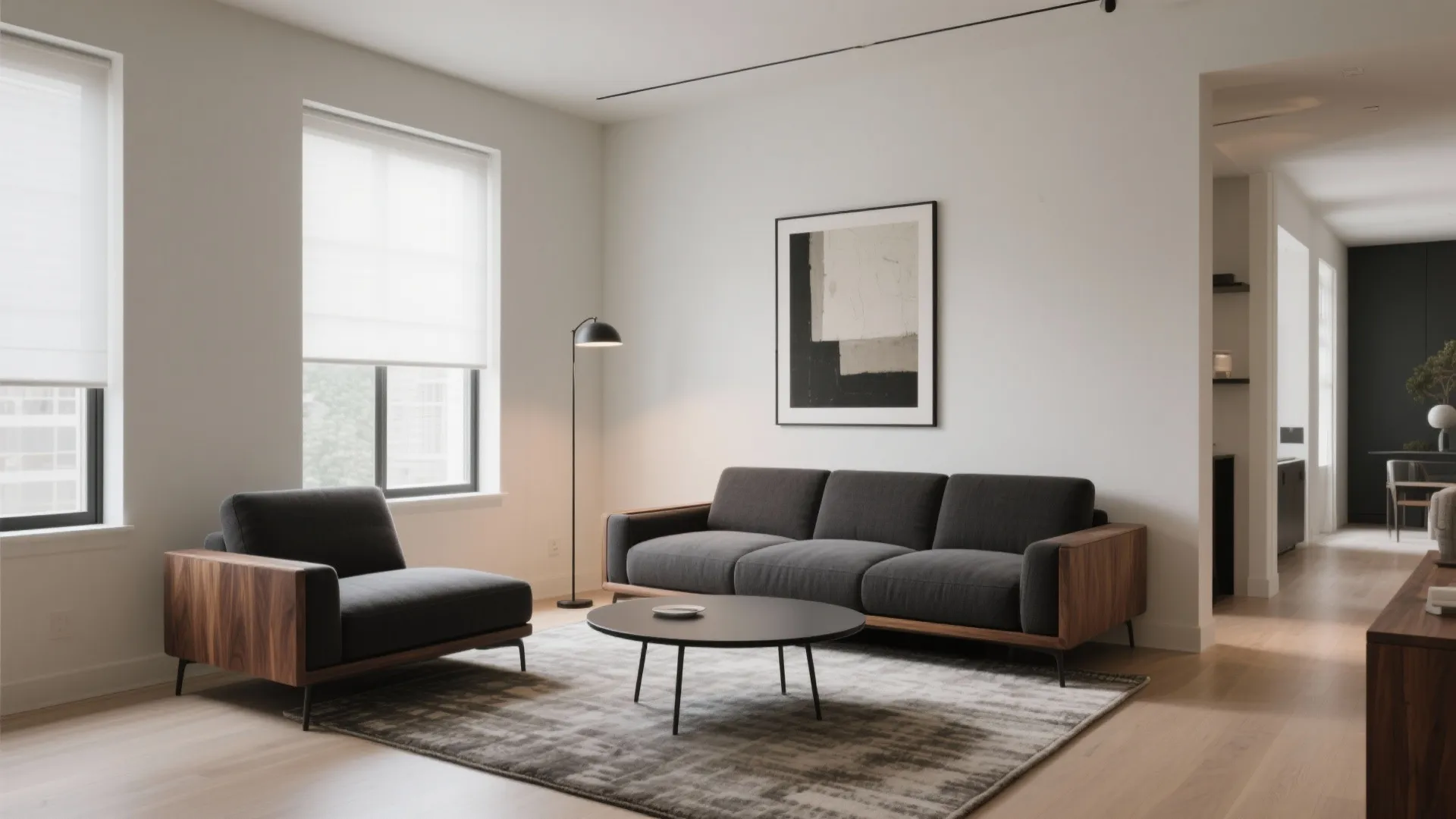 Modern living room with grey sofa armchair black coffee table floor lamp and white blinds