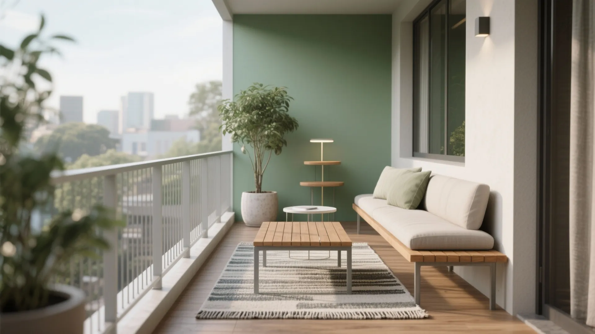 Bright balcony with green wall wooden sofa coffee table striped rug and potted green plants
