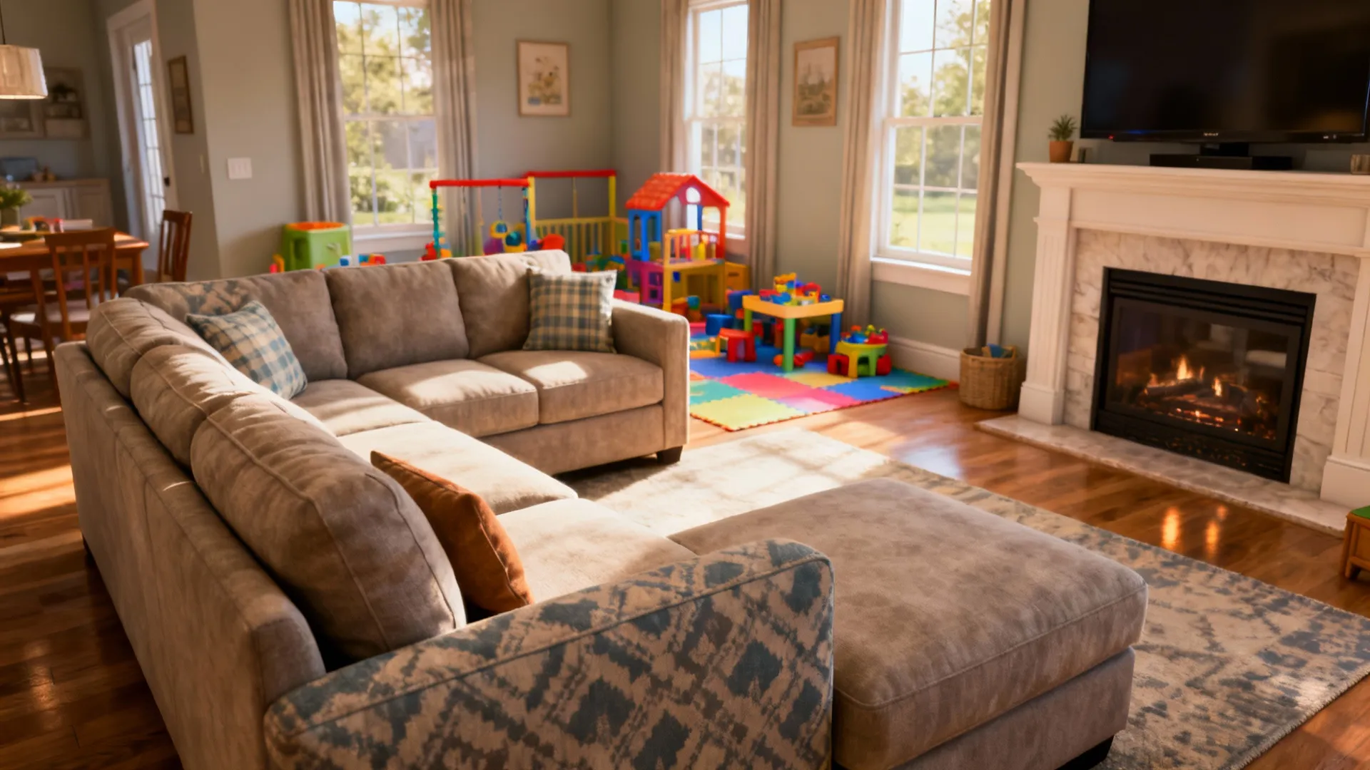 Family room with an L-sectional oriented toward a TV focal point with clear traffic behind the short side