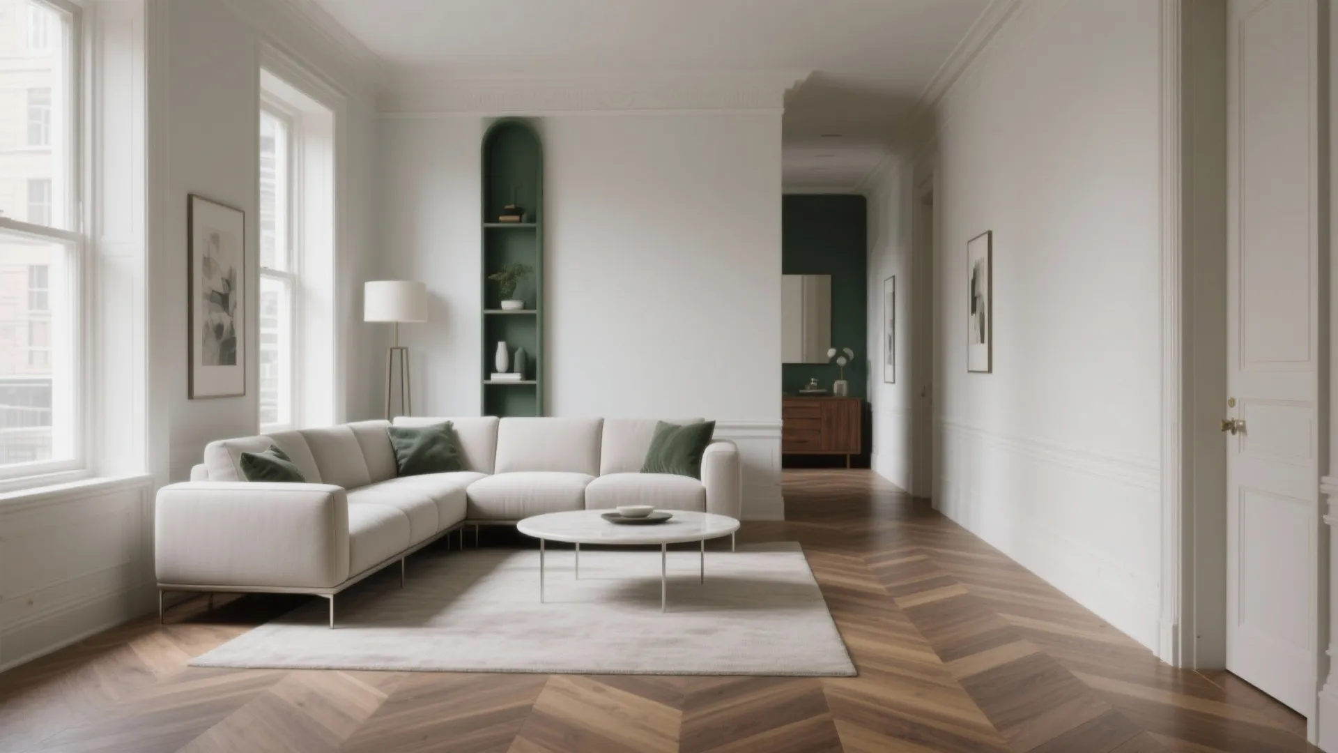Narrow living room with compact L-shaped sectional on legs and a round table, clear walkway along one side.