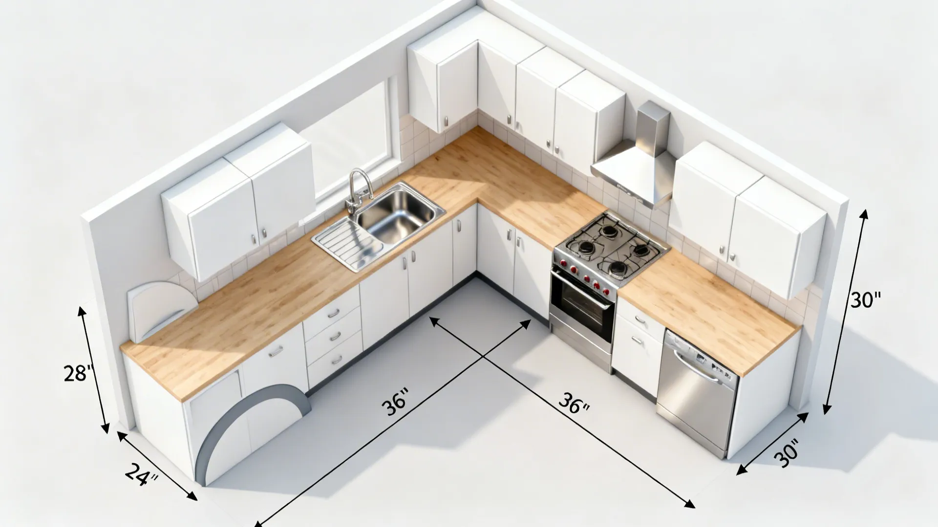 Top-down 2D layout of a modular L-shaped micro-kitchen with clearances and module widths.