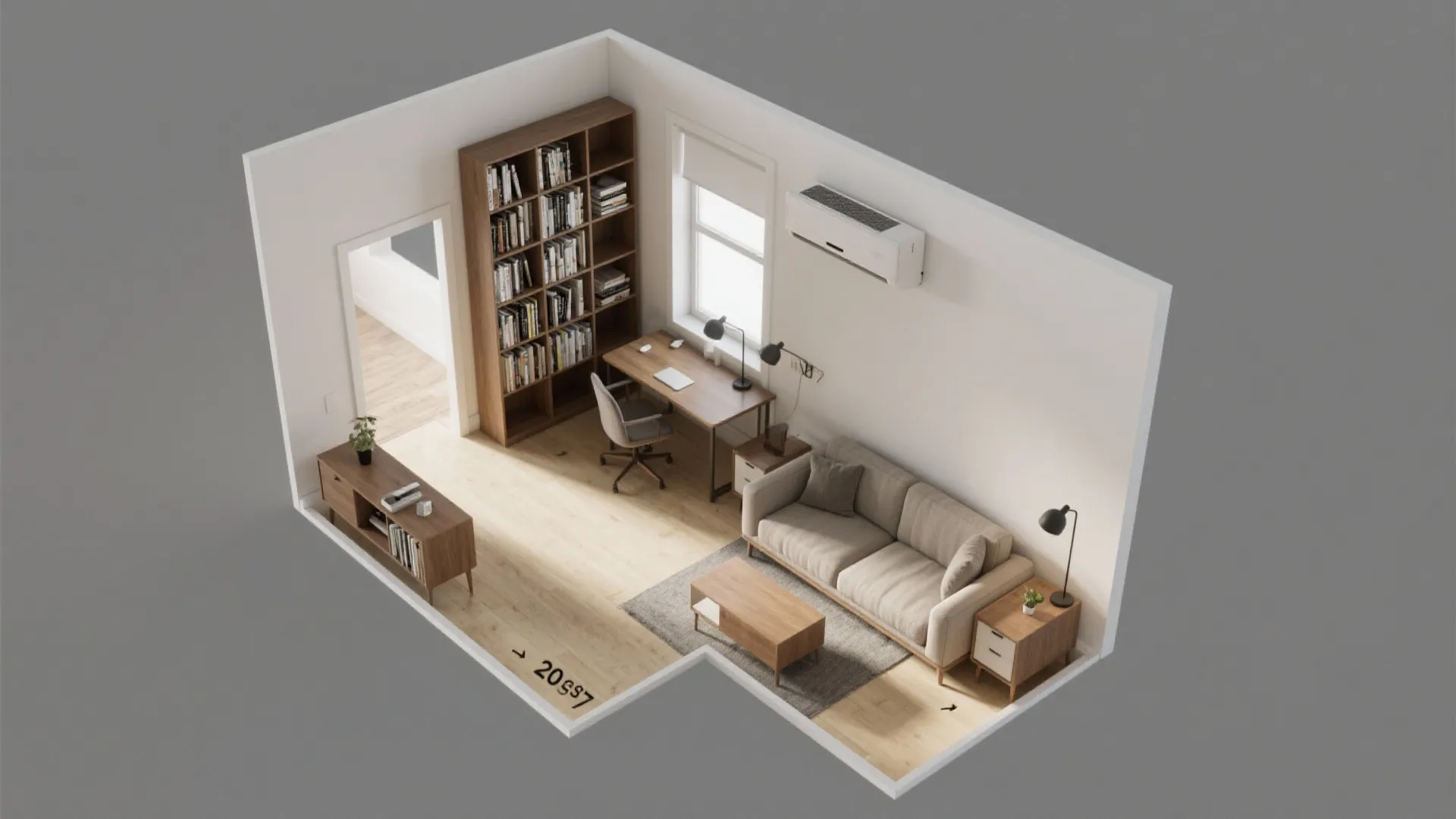 Top-down view of a studio with an L-shaped layout creating a clear airflow path under the mini split.