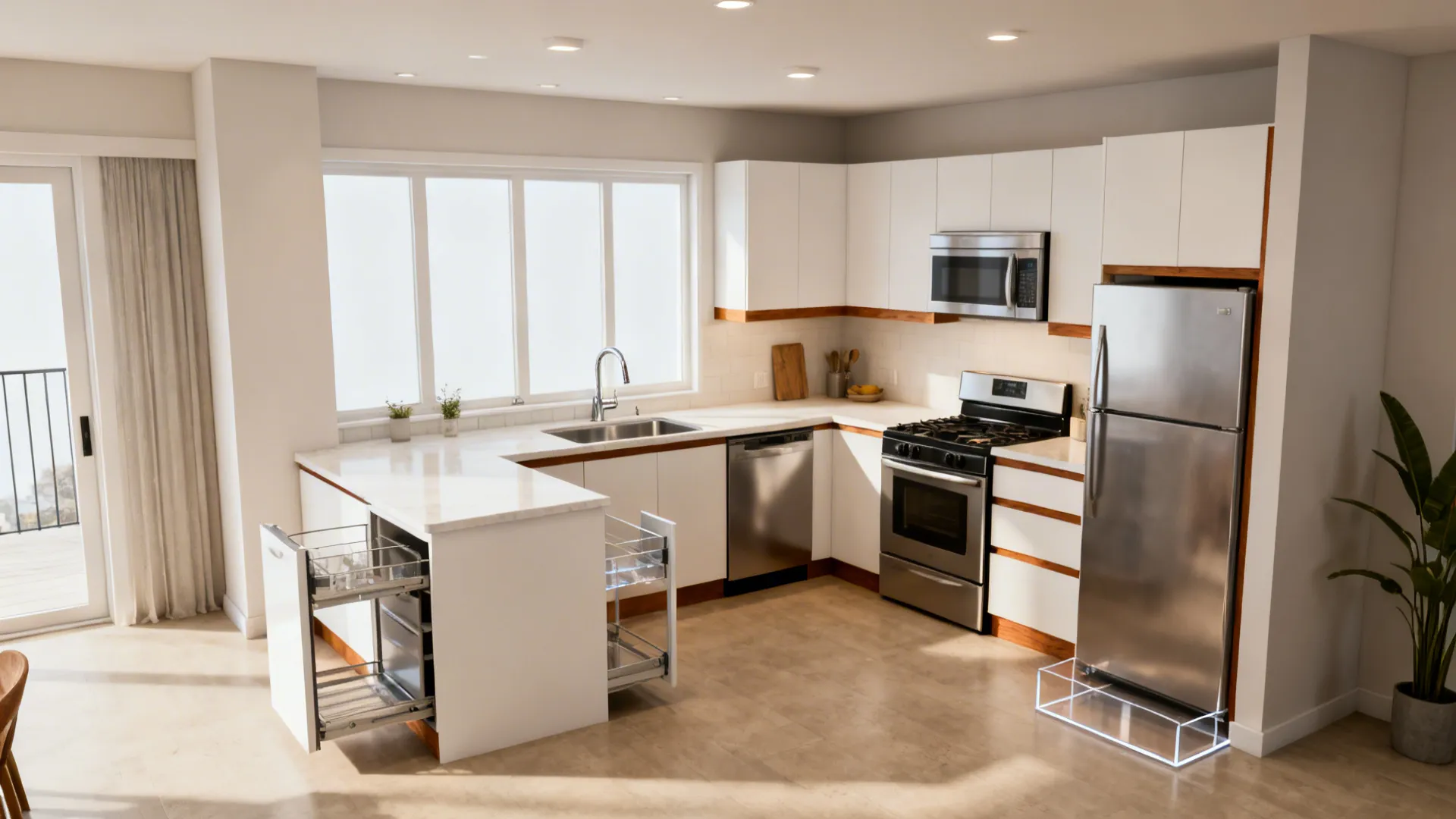 Compact L-shaped kitchen with a clear 42-inch aisle and efficient work triangle.