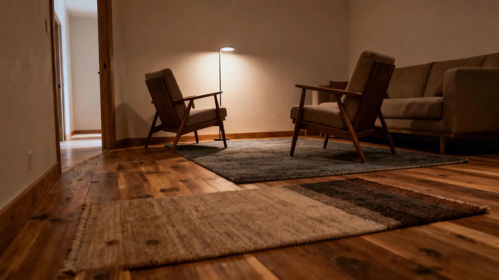 Small living room with an L-shaped seating arrangement and angled chairs creating open pathways.