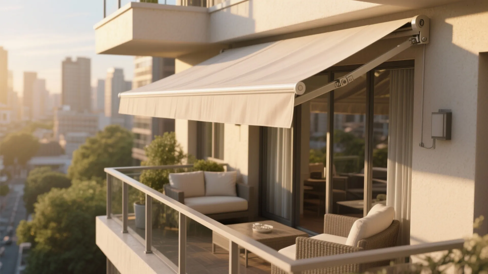 L-shaped balcony awning wraps two sides to block sun and wind while keeping views open.