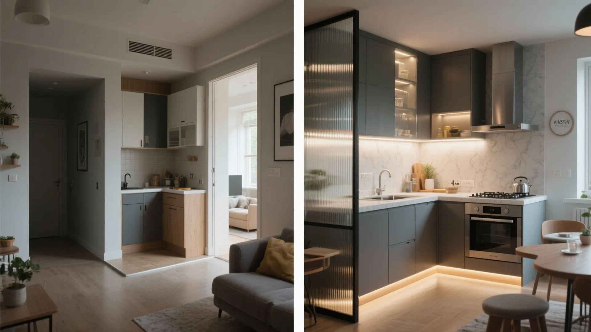 Before and after interior design drawing showing a small kitchen renovation with new grey cabinets