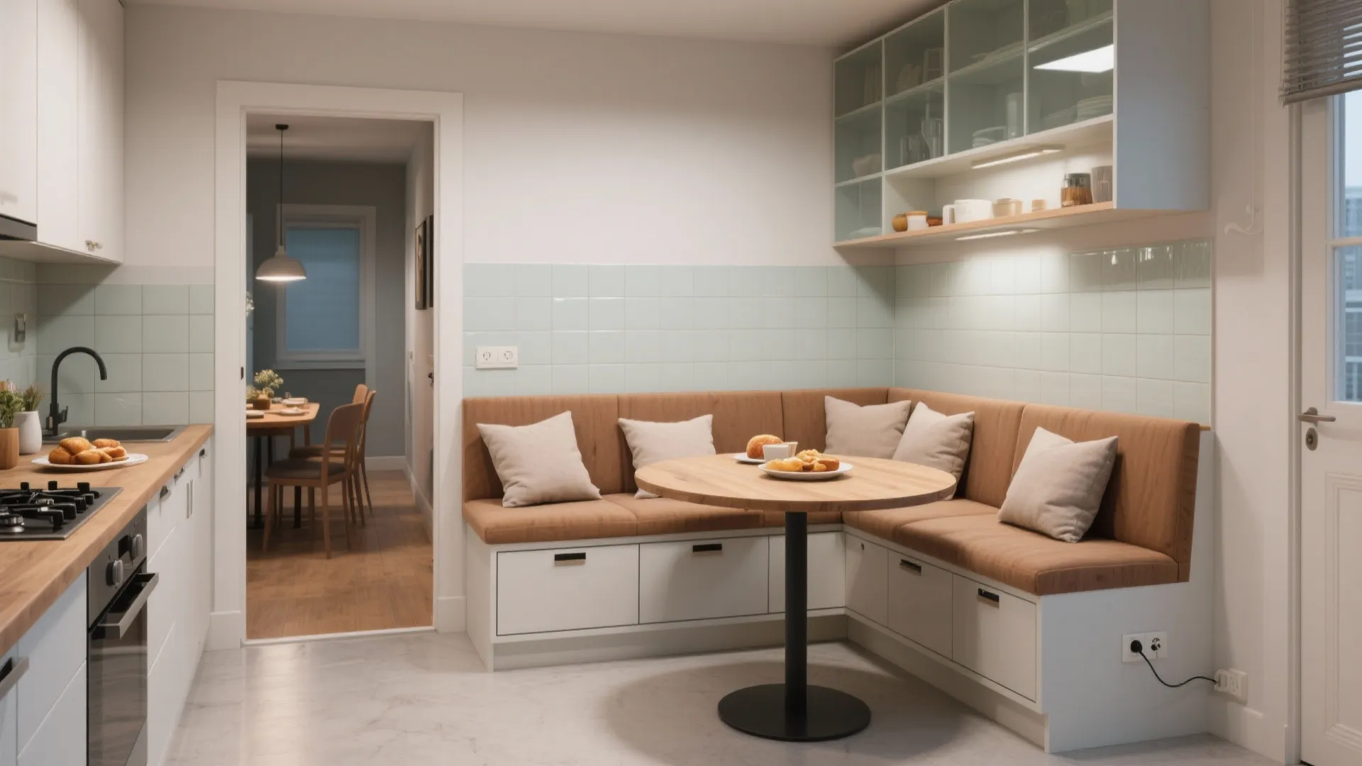 Compact L-Shaped Kitchen with Cozy Banquette Dining
