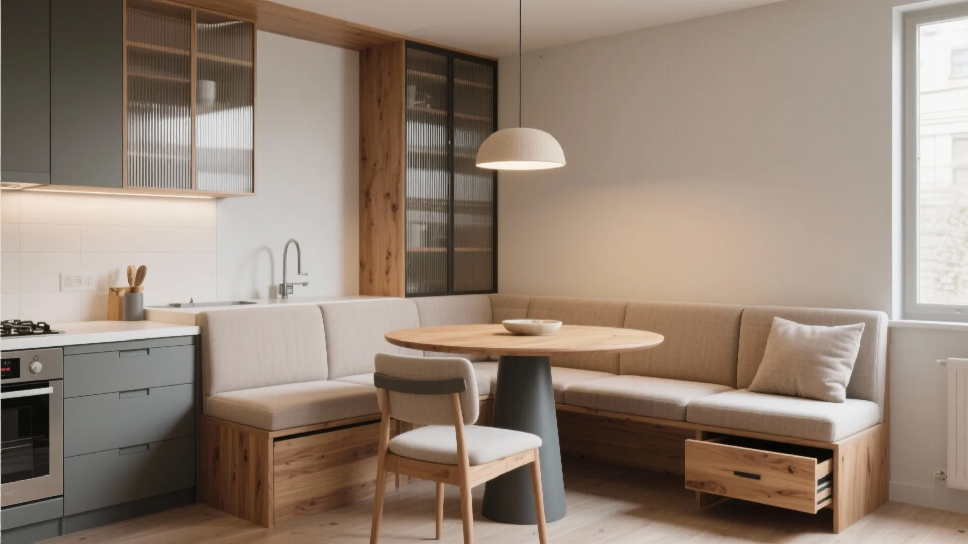 L-shaped kitchen with banquette seating