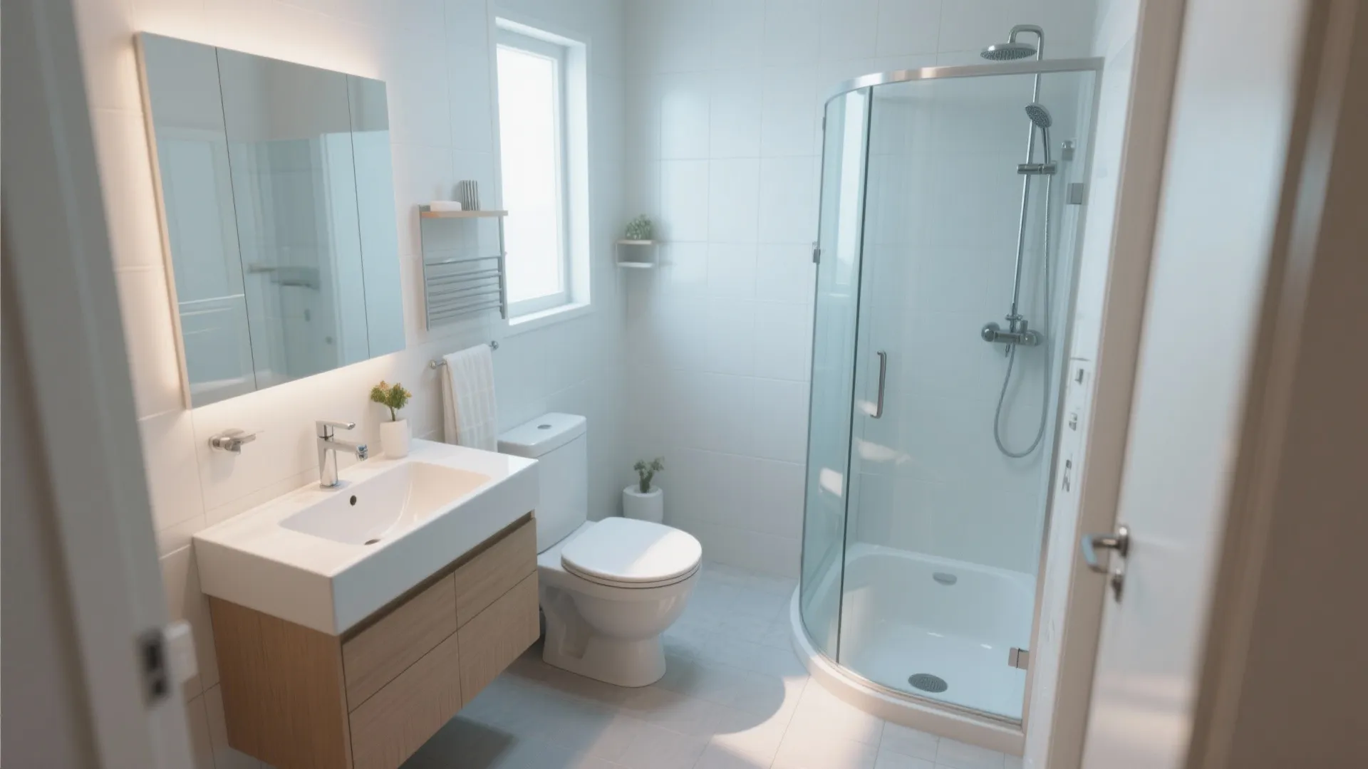 Modern white bathroom with wooden cabinet sink toilet corner glass shower cabin and small wall window