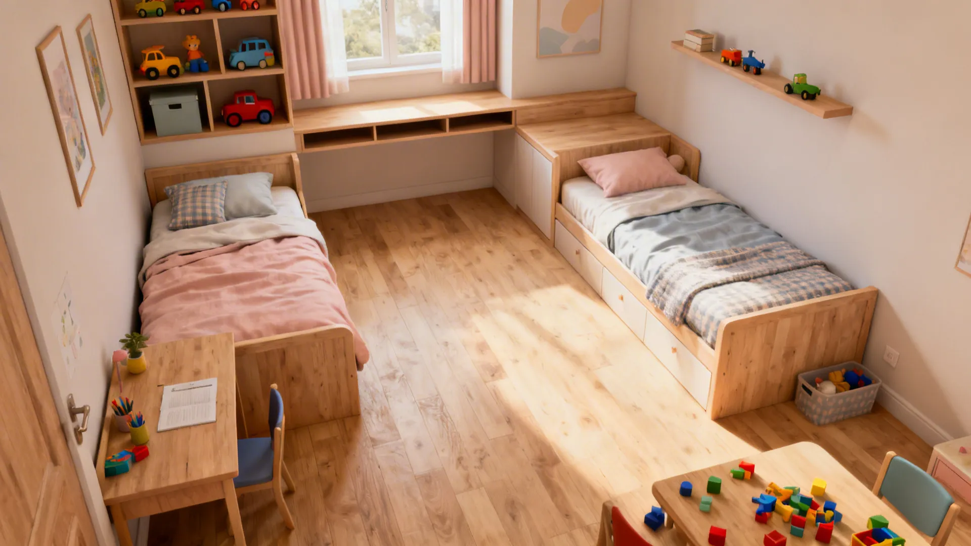Small bedroom with L-shaped twin beds freeing central play area