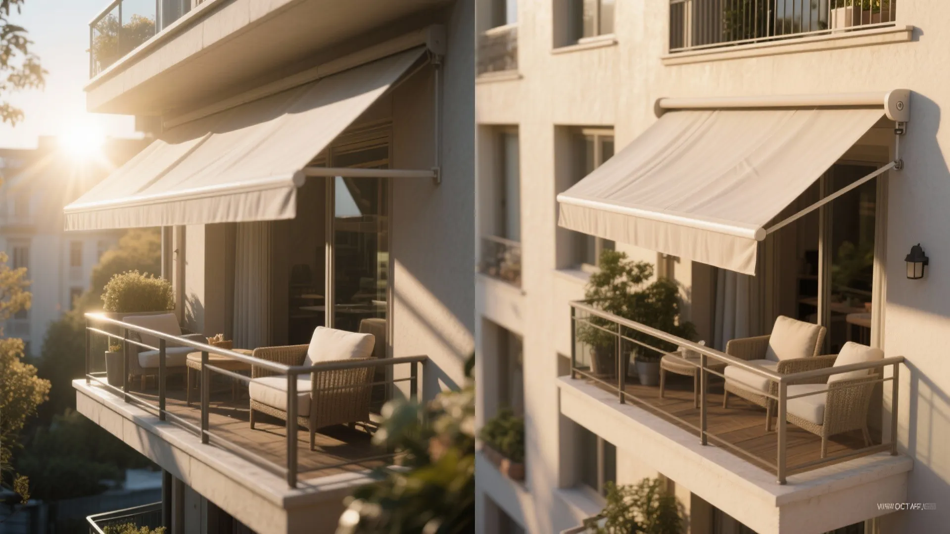 Before-and-after of corner balcony with L-shaped awning shows cooling shade and reduced glare.
