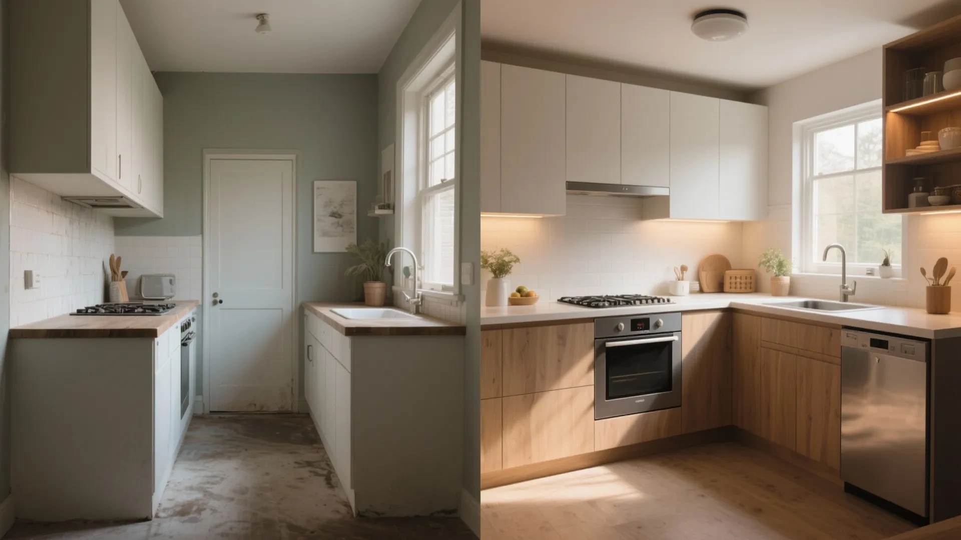 Before and after comparison showing old green kitchen and new modern wood and white kitchen