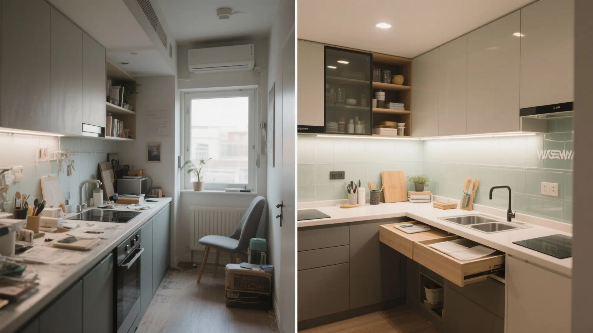 Before and after comparison of a messy kitchen versus a clean modern grey kitchen layout