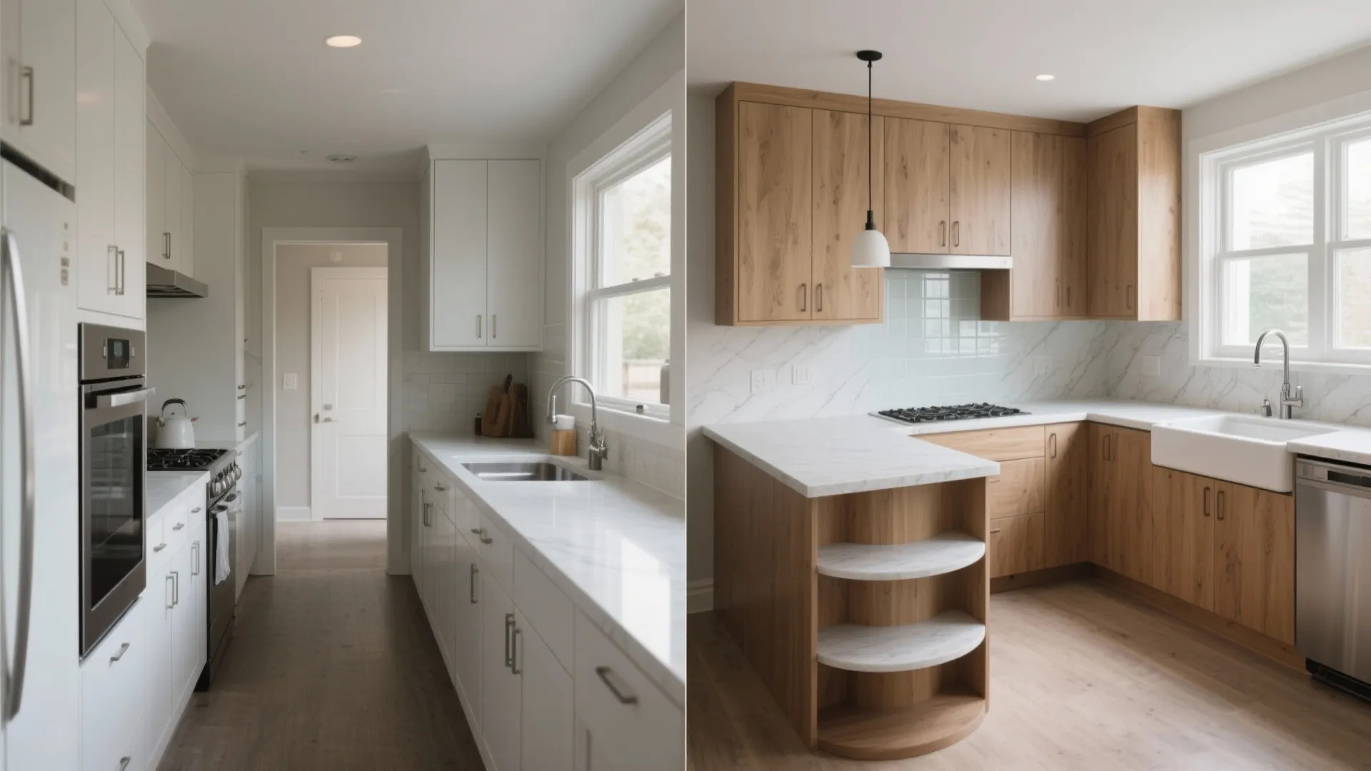 Before and after interior design drawing comparison from white galley kitchen to wood L-shaped kitchen layout
