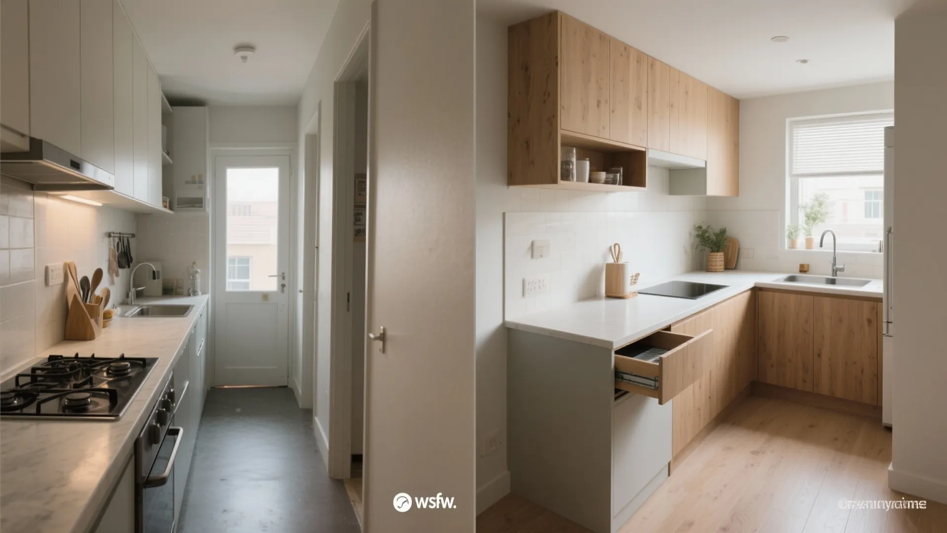 Before and after comparison of narrow white kitchen versus open wooden kitchen with natural light
