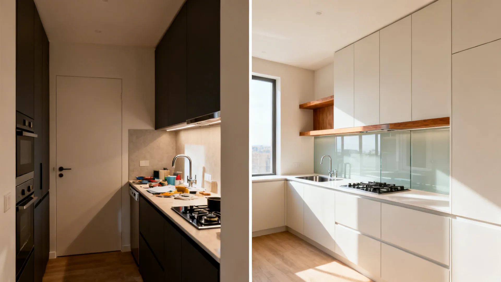 Before-and-after of a single-wall kitchenette transformed into an efficient L-shaped layout.