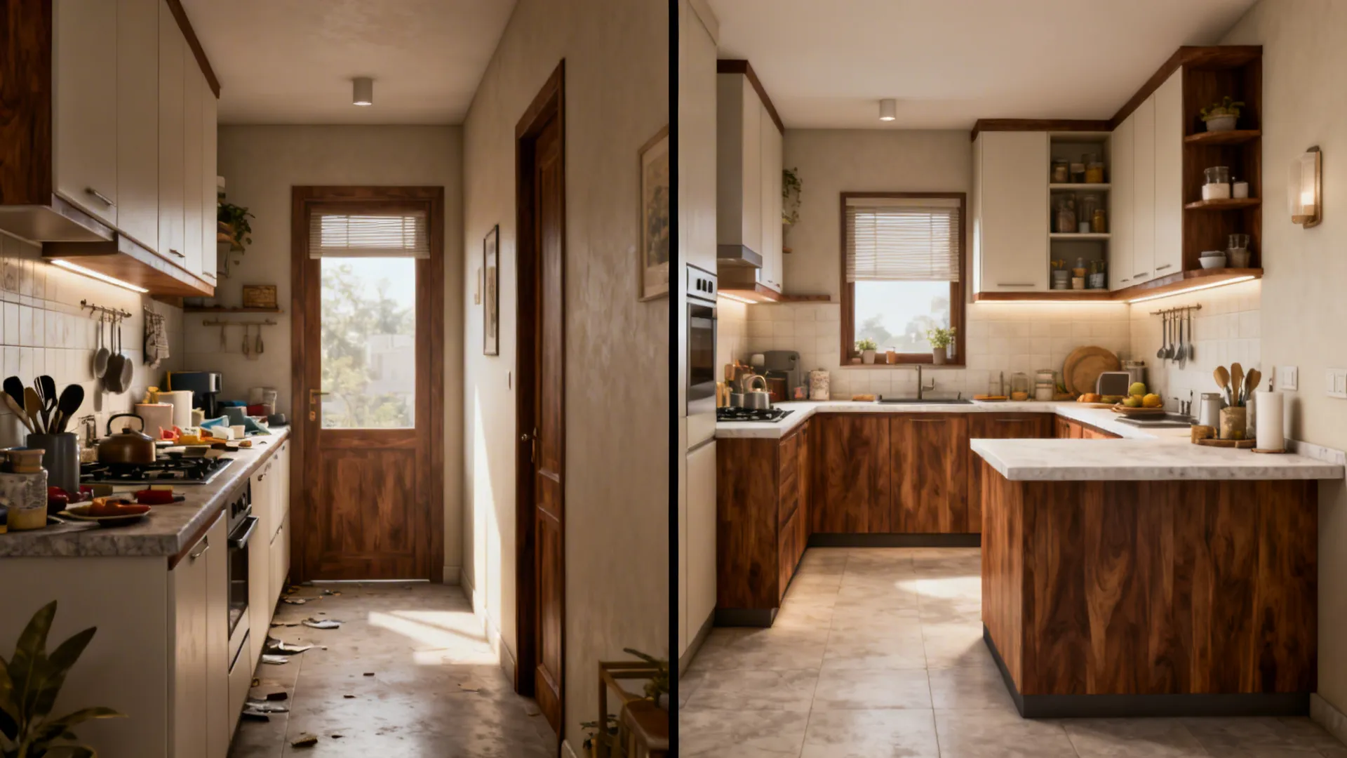 Before-and-after view showing a cluttered single-wall kitchen transformed into an efficient L-shaped layout.