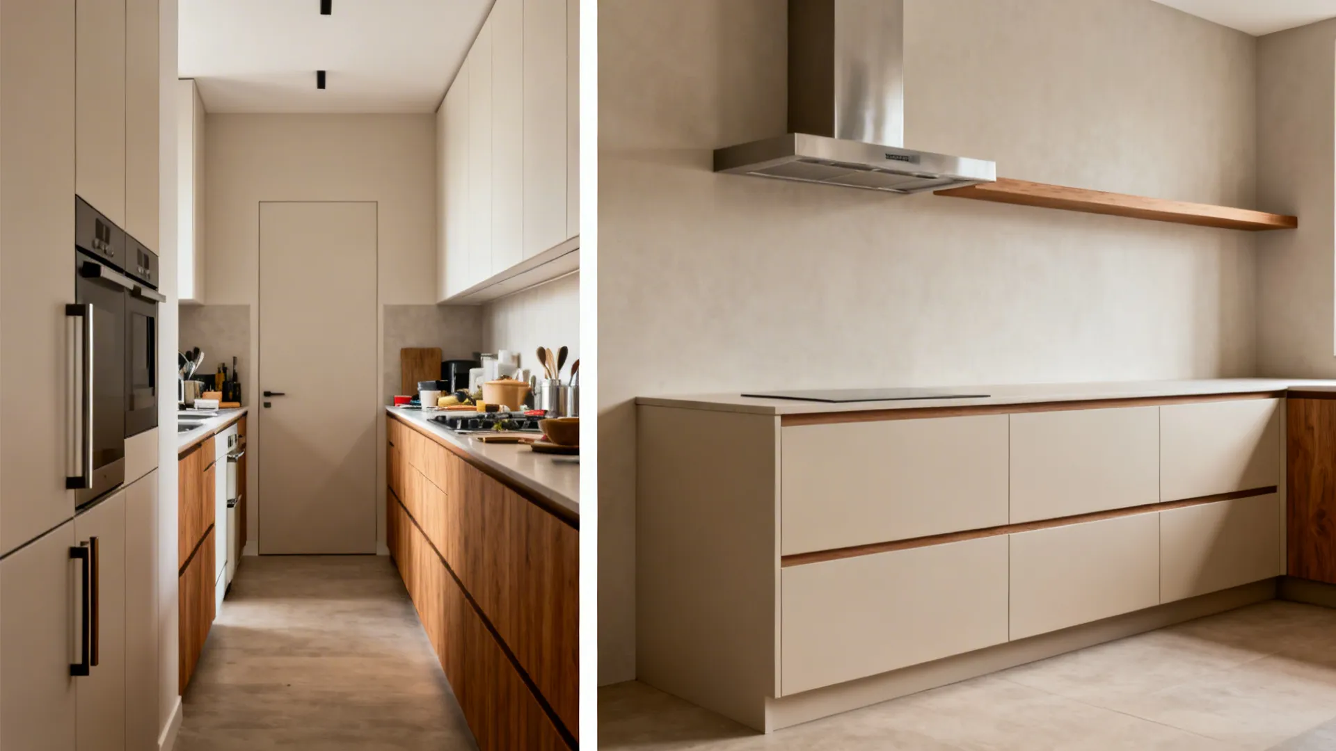 Before-and-after elevation: galley to L-shaped kitchen with continuous countertop and aligned lines.